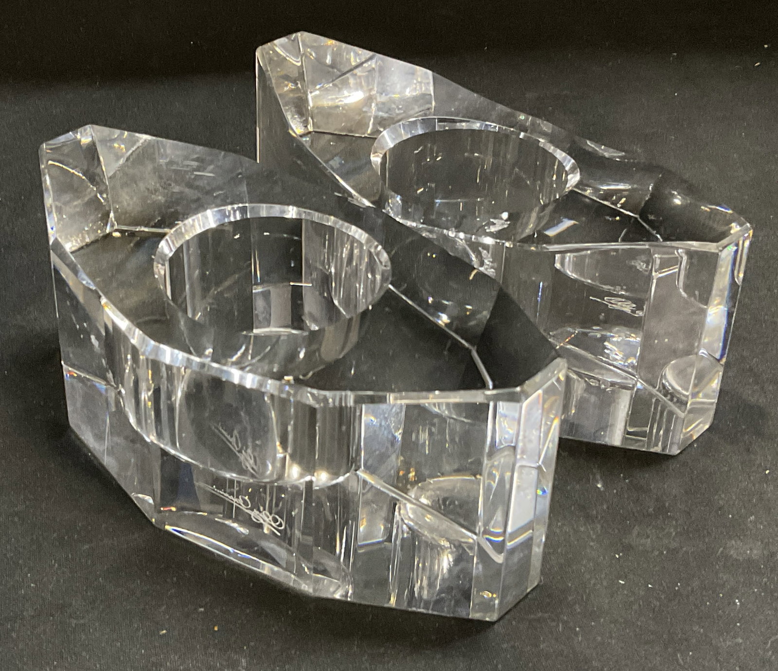 Pair Sgnd Oleg Cassini Crystal Candle Holders: Pair of Signed Oleg Cassini Crystal Classic Boat Candle Holders. Elongated marquise-cut profiles. Crack present. Measures approx 2.25in H x 5in Diam. crystal, signed, Oleg Cassini, faceted,