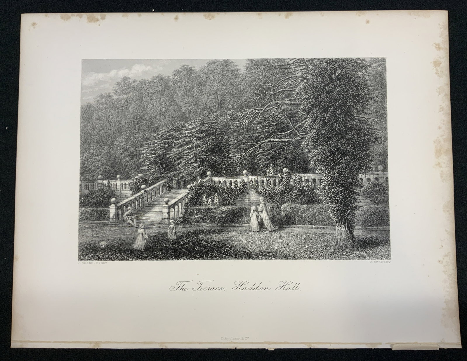 Vtg D. Appleton+ Co. Unframed Engraving Art Print: Vintage D. Appleton+ Co. Unframed Engraving Art Print. Reproduction of the 1870s steel plate engravings designed by artist J. Chase and engraved by J. Godfrey, Print features The Terrace, Haddon
