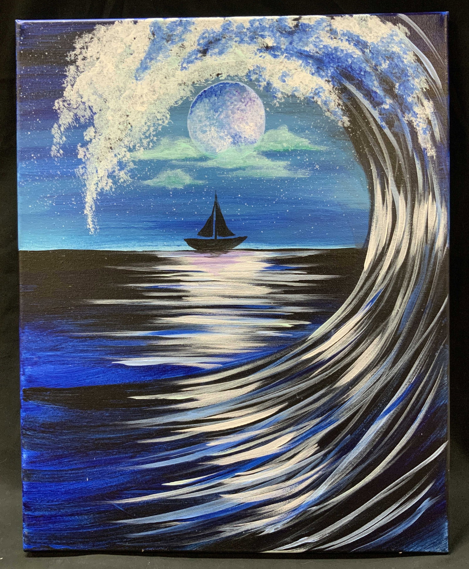 Moonlit Sailboat & Ocean Wave Painting on Canvas (1 of 6)