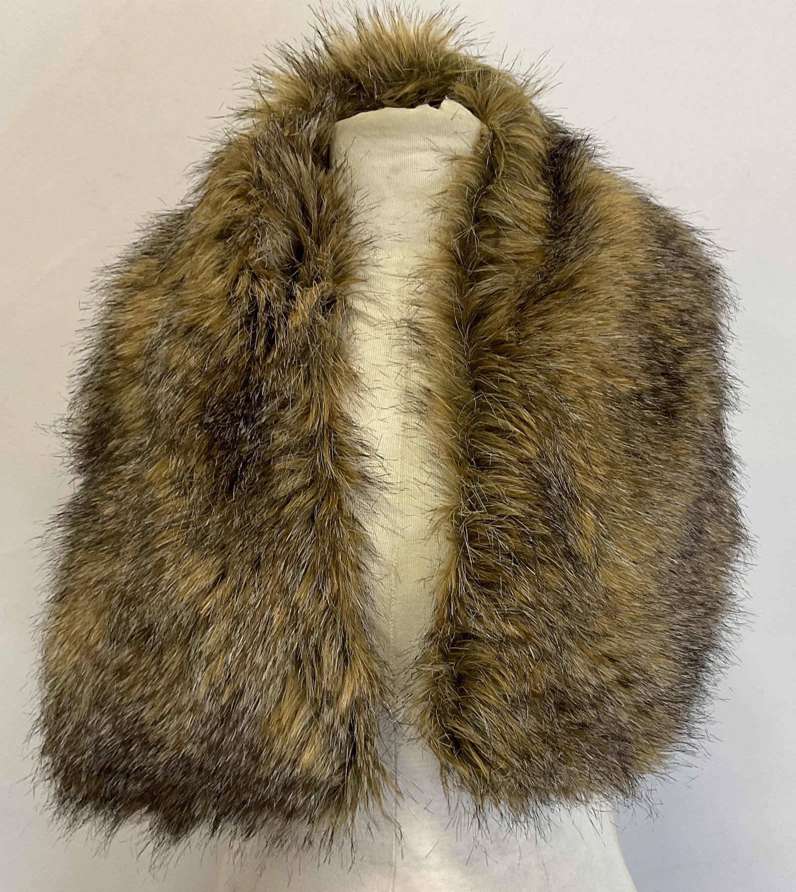 Rachel Zoe Faux Fur Shawl: Rachel Zoe Faux Fur Shawl. Brown Silk Style Lining. Tag Reads Face: 80% Acrylic 20% Modacrylic, Backing: 100% Polyester, Lining: 100% Polyester, Filling: 100% Polyester Faux Fur, Dry Clean Only. Condi