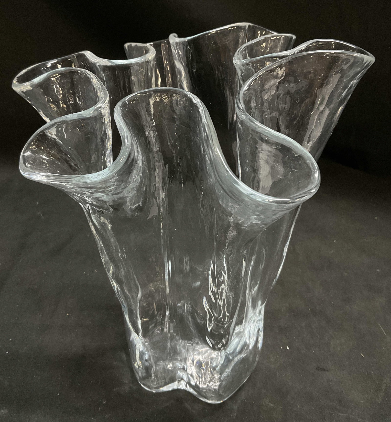 Vintage Clear Art Glass Handkerchief Vase: Vintage Clear Art Glass Handkerchief Vase. Ice-Like texture. Light blue tint. Condition consistent with age and exposure. Measures approx 8.5in H x 6.5in Diam. vintage vases, art glass, handkerchief v