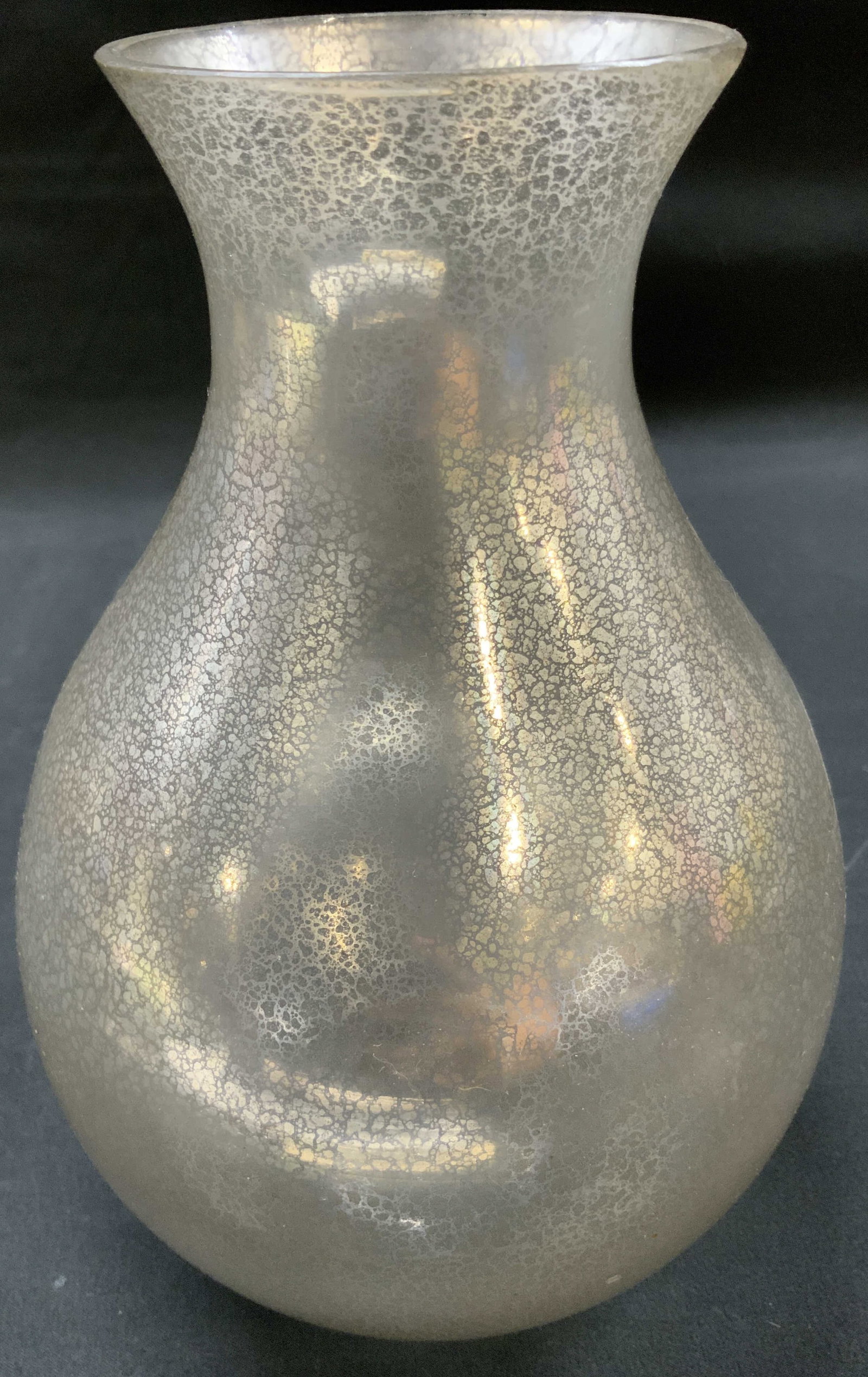 Vtg Metallic Blown Glass Crackle Urn Vase: Vintage hand blown glass bulbous urn silhouette with flared rim. Webbed crackle texture. Underside marked with made in India sticker. Condition consistent with age and exposure. Measures approx. 8.5 i