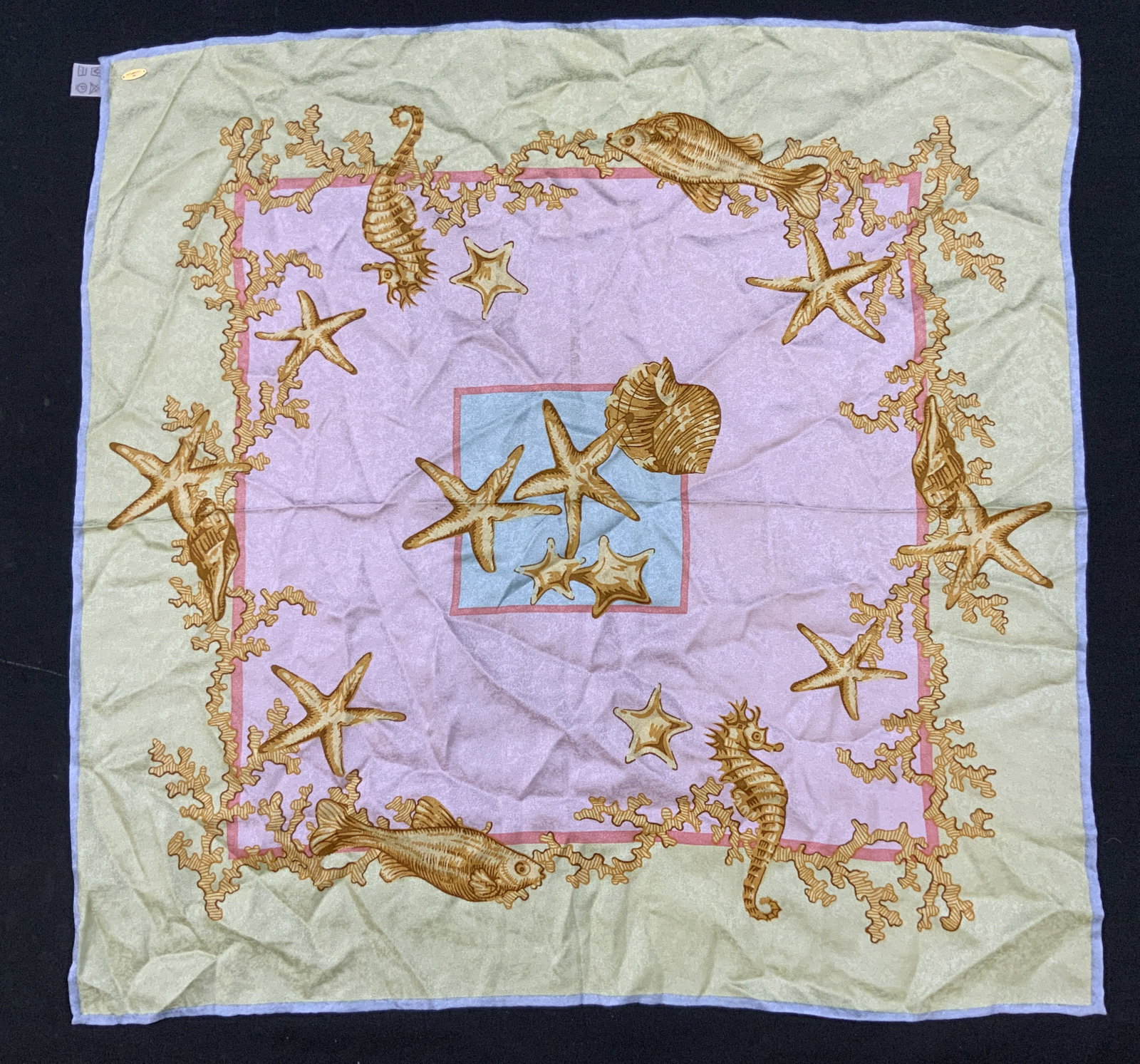Vtg Jim Thompson Silk Nautical Marine Scarf: Vintage Jim Thompson Silk square silk scarf. Crafted from 100% Silk. Sea life motif, golden starfish, seashells, seahorses, reef fish and coral borders. Soft pastels with yellow gold borders. Tags rea