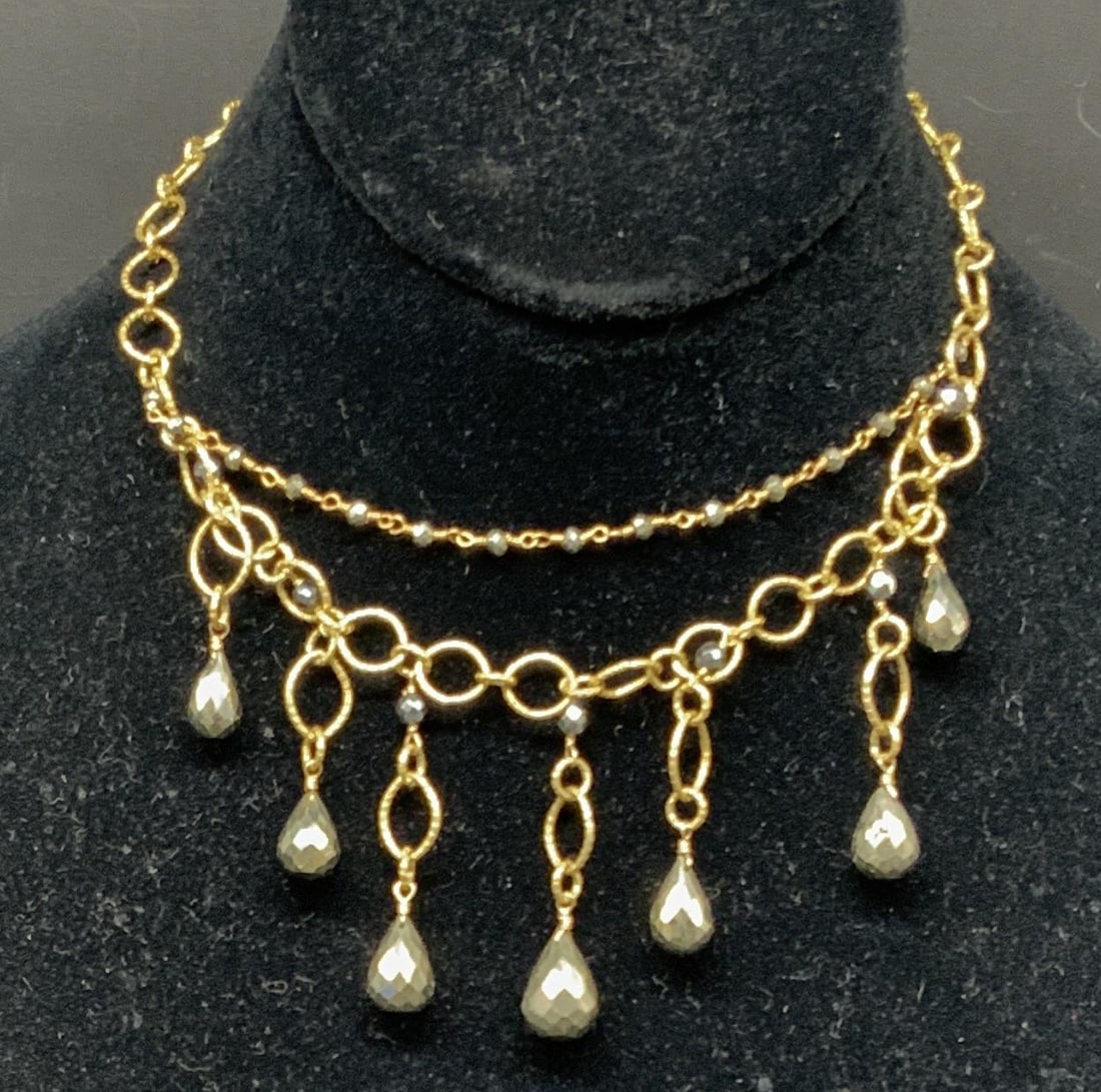 Vtg Gold-Toned Sterling Silver Dangle Choker: Vintage Gold-Toned Sterling Silver Dangle Choker. Marked 925 on clasp. Link chain structure with metallic glass beads and teardrop-shaped charms. Condition consistent with age and exposure. Measures a