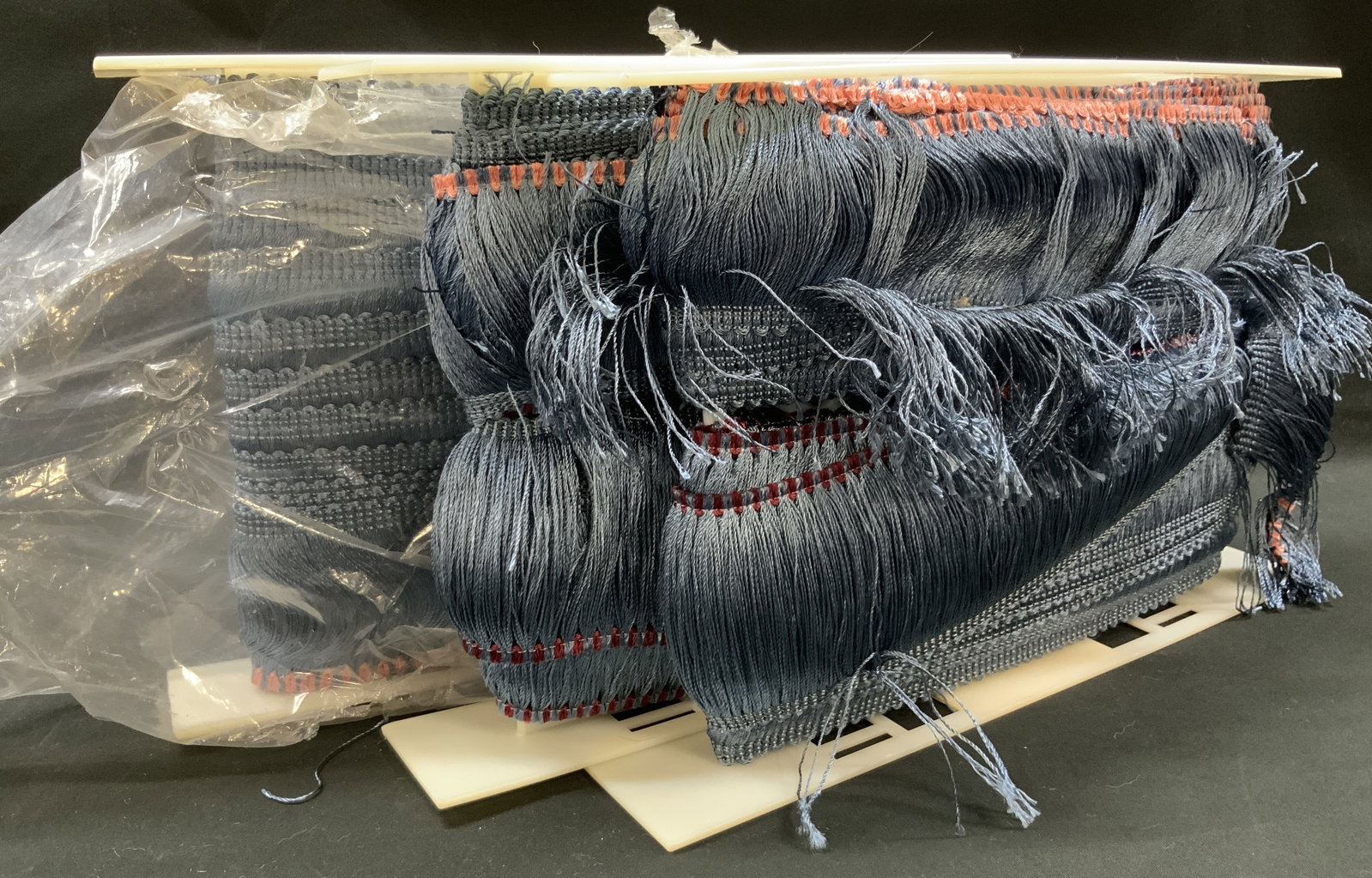 Vtg Lt3 Trim Blue Brush Fringe Trim.: Vintage Lot of 3 Hollywood Trims Blue Brush Fringe Trim. Made in Los Angeles, California. Style 2654. Color 815 .100%rayon. Originally 18 Yards Per Roll. Not Unrolled, Measured, or Inspected. Part of 
