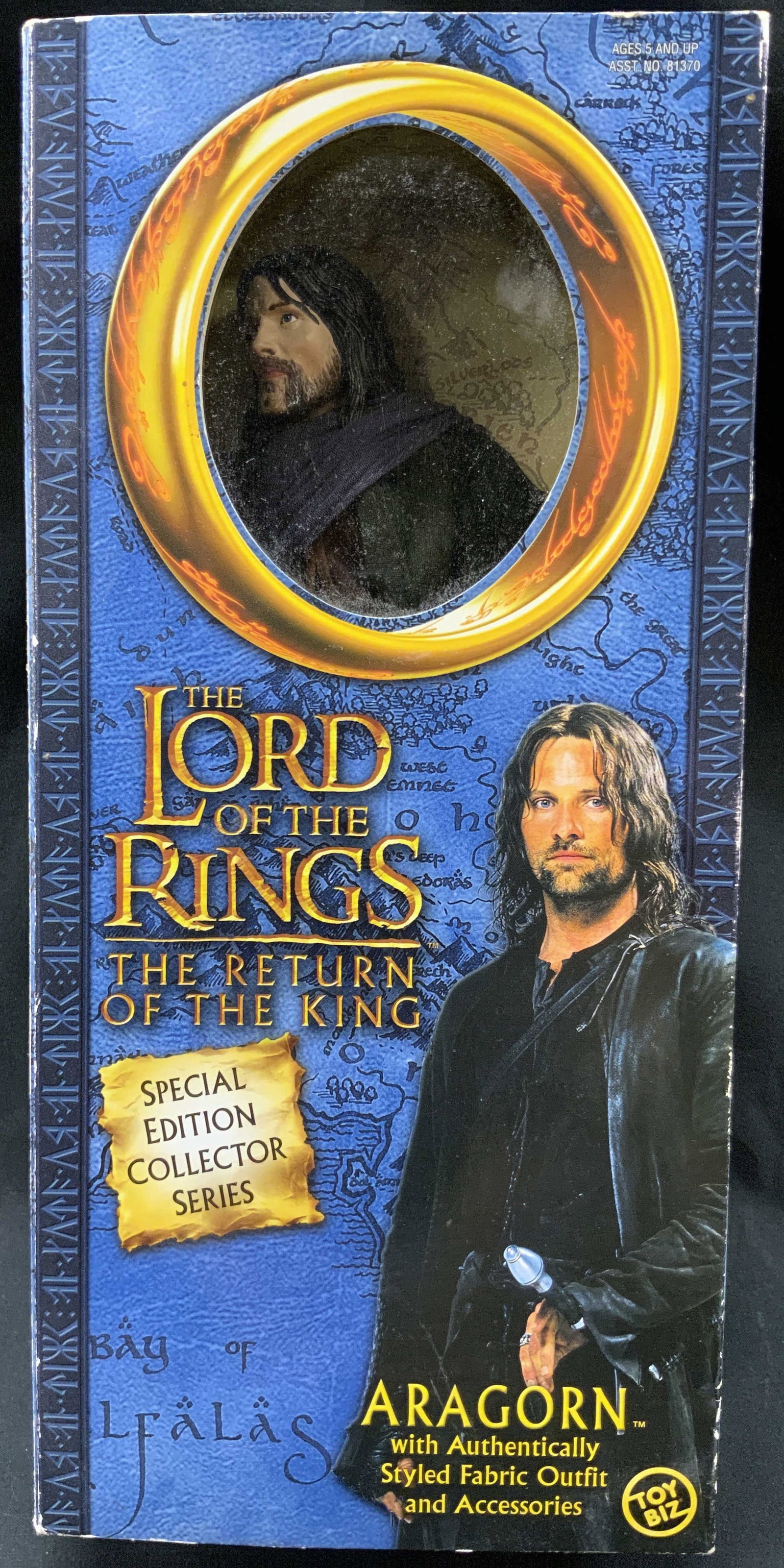 Vtg 2003 LOTR Aragorn Gondor Figurine NIB: Vintage Toy Biz Lord of the Rings: The Return of the King Aragorn in strider attire before transition to kingship figurine. Released by Toy Biz in 2003. Special edition collector series. Comes with ra