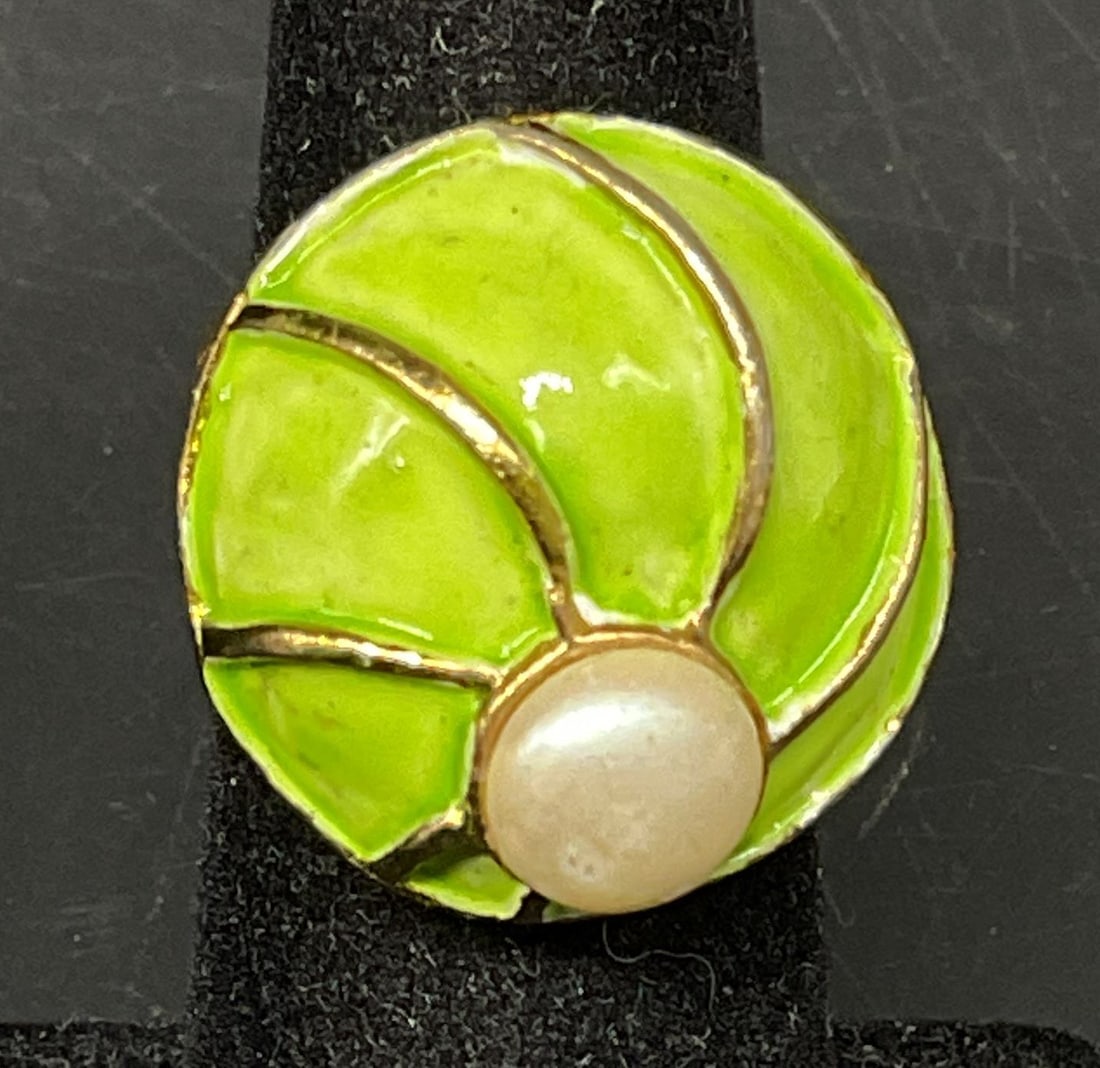 Vtg Dome-Style Enamel Cocktail Ring: Vintage Circa 1960s-1980s Dome-Style Cocktail Ring. Lime green enamel over brass base. Pearl accent. Marking of elongated X inside band. Some coating loss. Size 6.5. rings, enamel, brass, cocktail rin