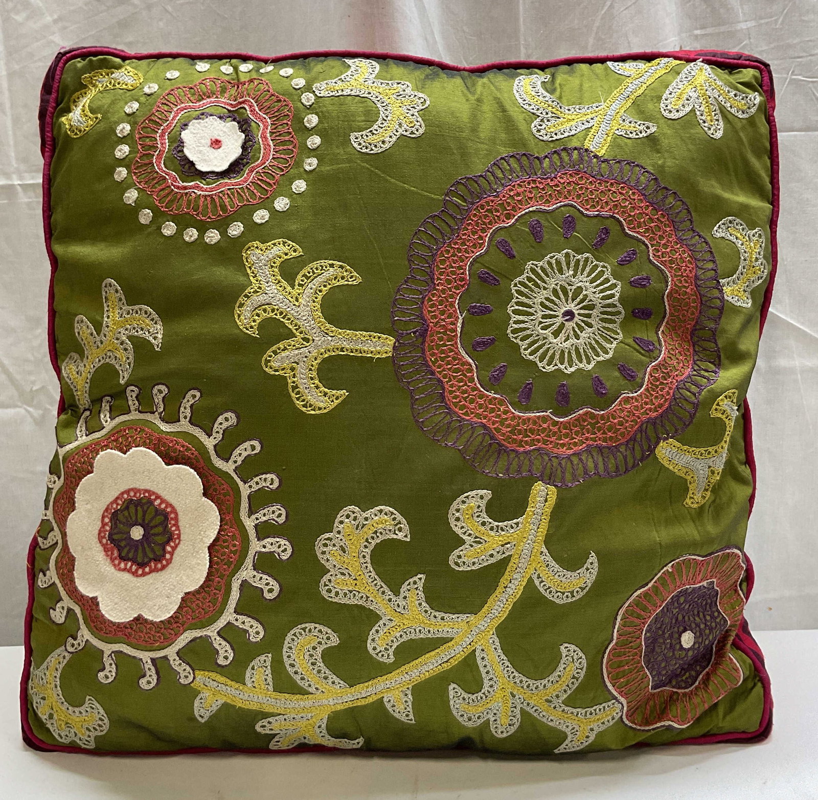 Vintage Green Floral Embroidered Throw Pillow (1 of 8)
