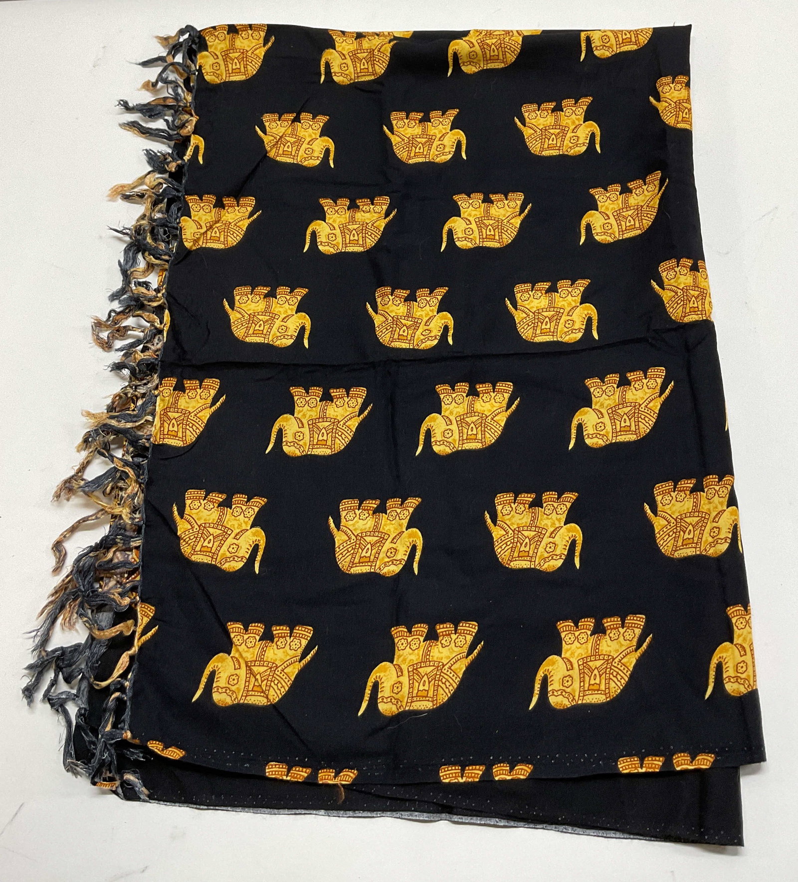 Vintage Black Silk Elephant Pattern Fringed Scarf (1 of 8)