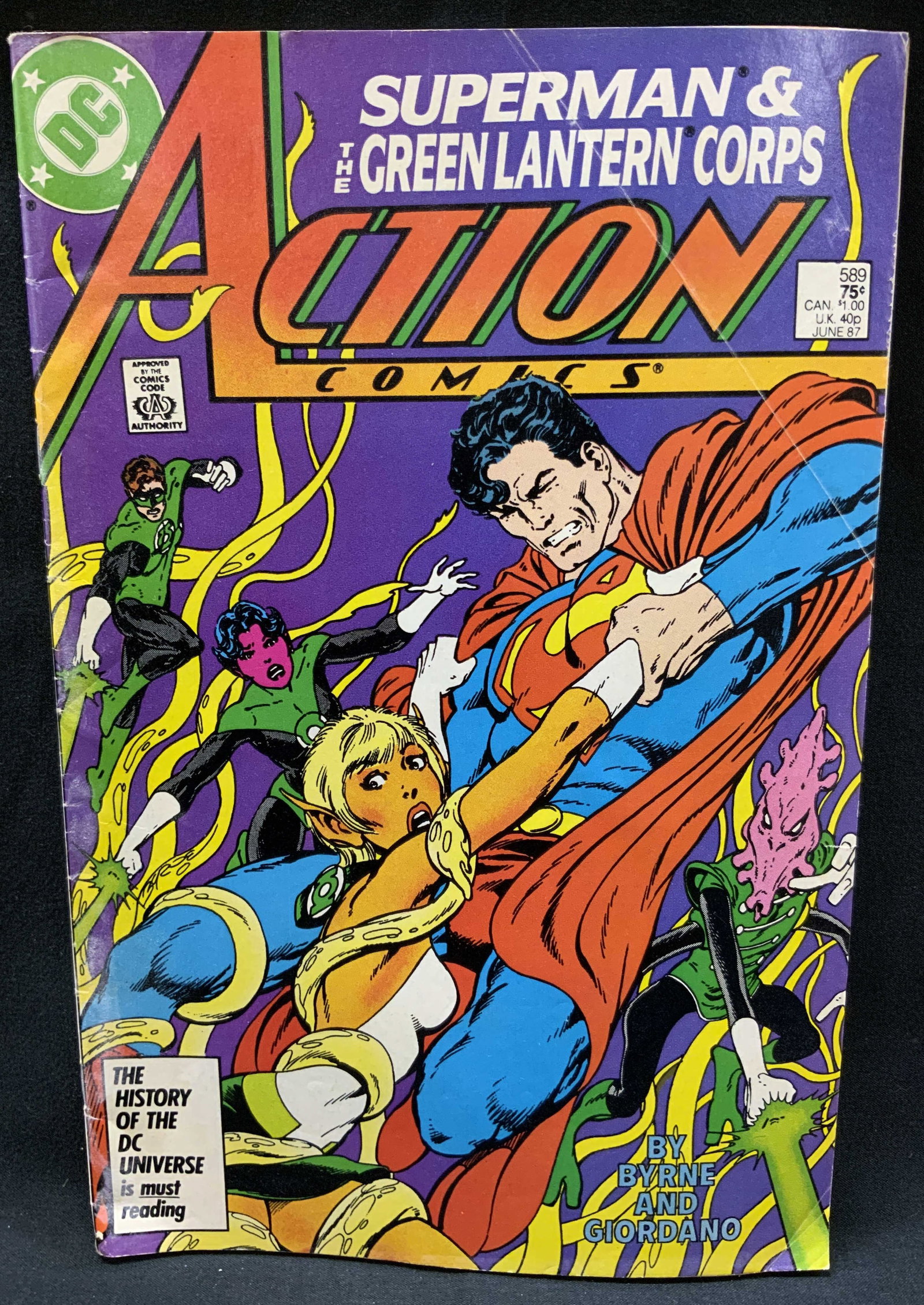 Vtg DC Action Comics Issue 589 Jun 1987 Comic Bk: Vintage Action Comics, The Green Lantern Corps? Guest starring Superman! Issue 589. Written by John Byrne, interior artwork by Dick Giordano. Page # Approx. 36pgs Condition consistent with age and
