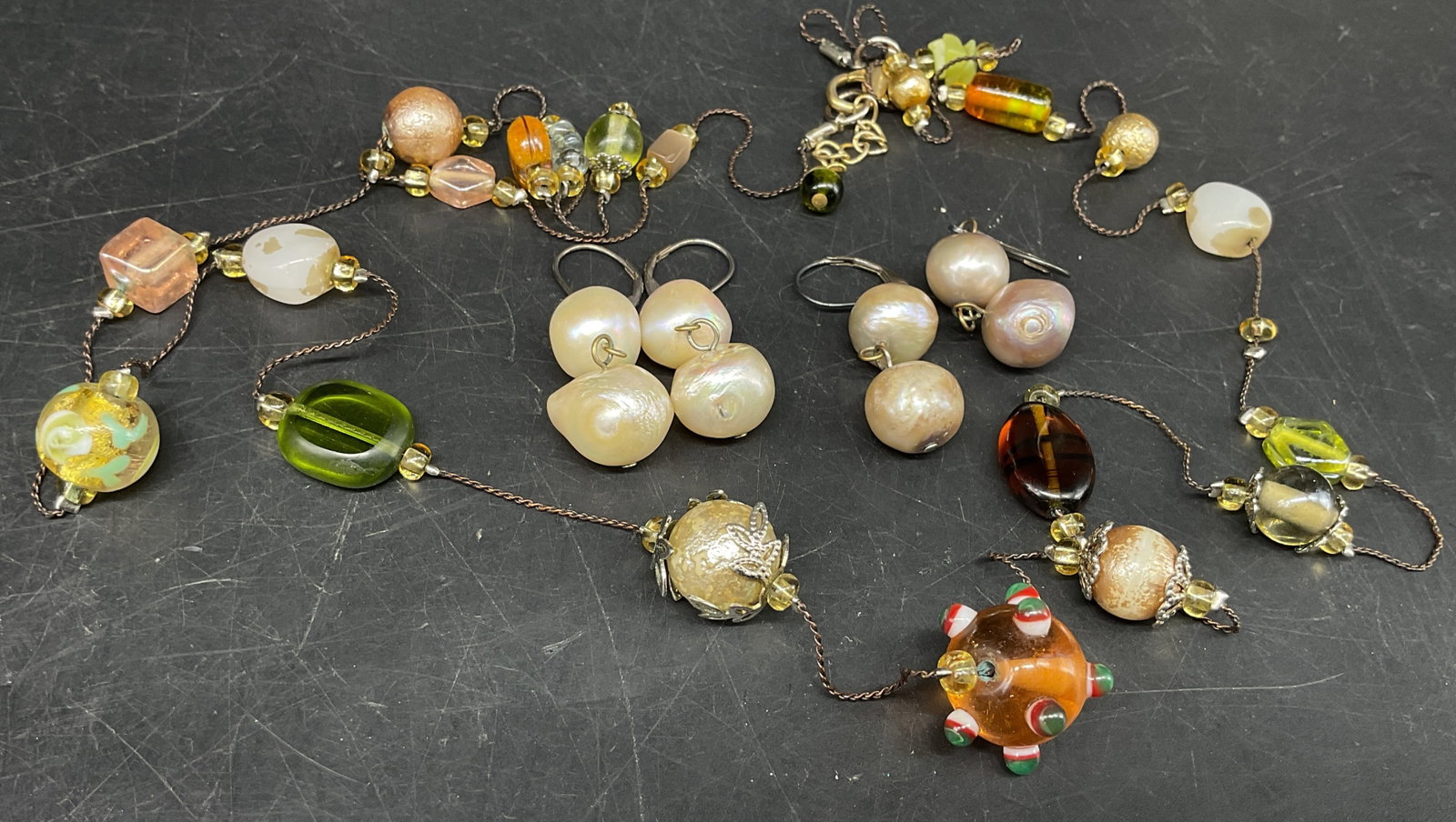 Lt3 Freshwater Pearl Sterling Earrings+: 3 Pieces of Jewelry. 2 pairs of freshwater pearl drop earrings on sterling silver hooks. Marked 925. Lampwork glass, semi-precious gemstone chips, and cultured pearls beaded station necklace.
