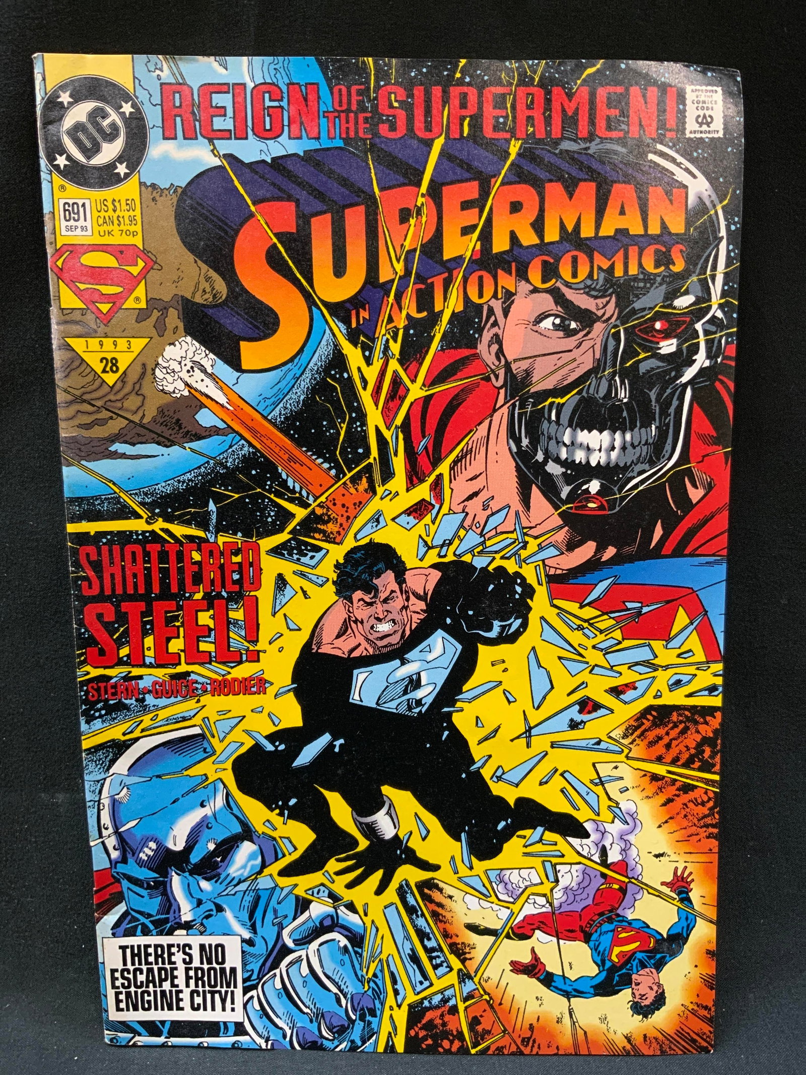 Vtg DC Action Comics Issue 691 Sep 1993 Comic Bk: Vintage Action Comics, Shattered Steel! Reign of the Supermen! Issue 691. Written by Roger Stern, interior artwork by Jackson Guice and Denis Rodier. Page # Approx. 36pgs Condition consistent with