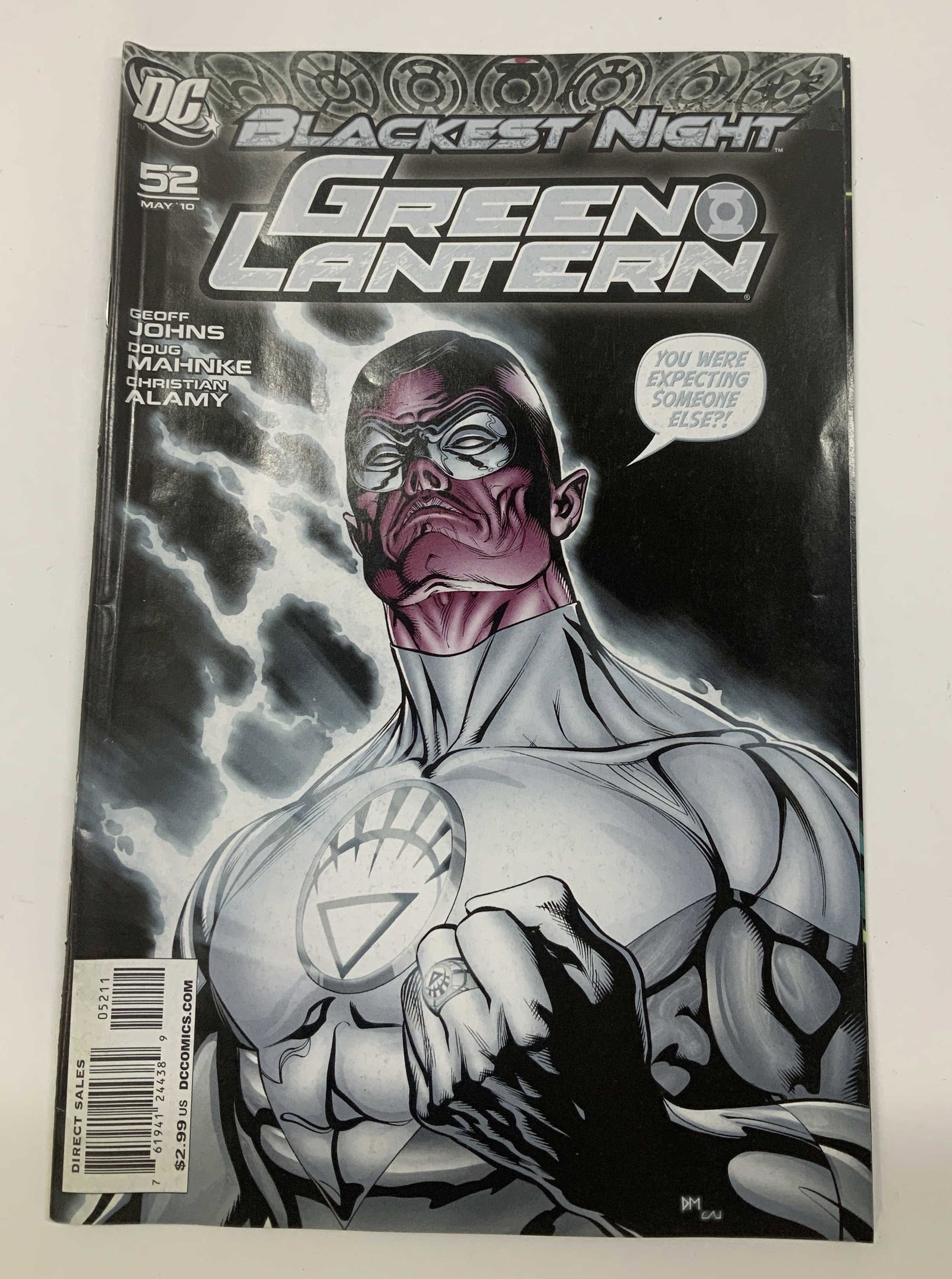 Blackest Night Green Lantern comic book 2010: Green Lantern comic book from the Blackest Night storyline. Published by DC Comics in May of 2010. Issue #52 Life Blood. Front cover features Sinestro (famous Green Lantern villain) as a White