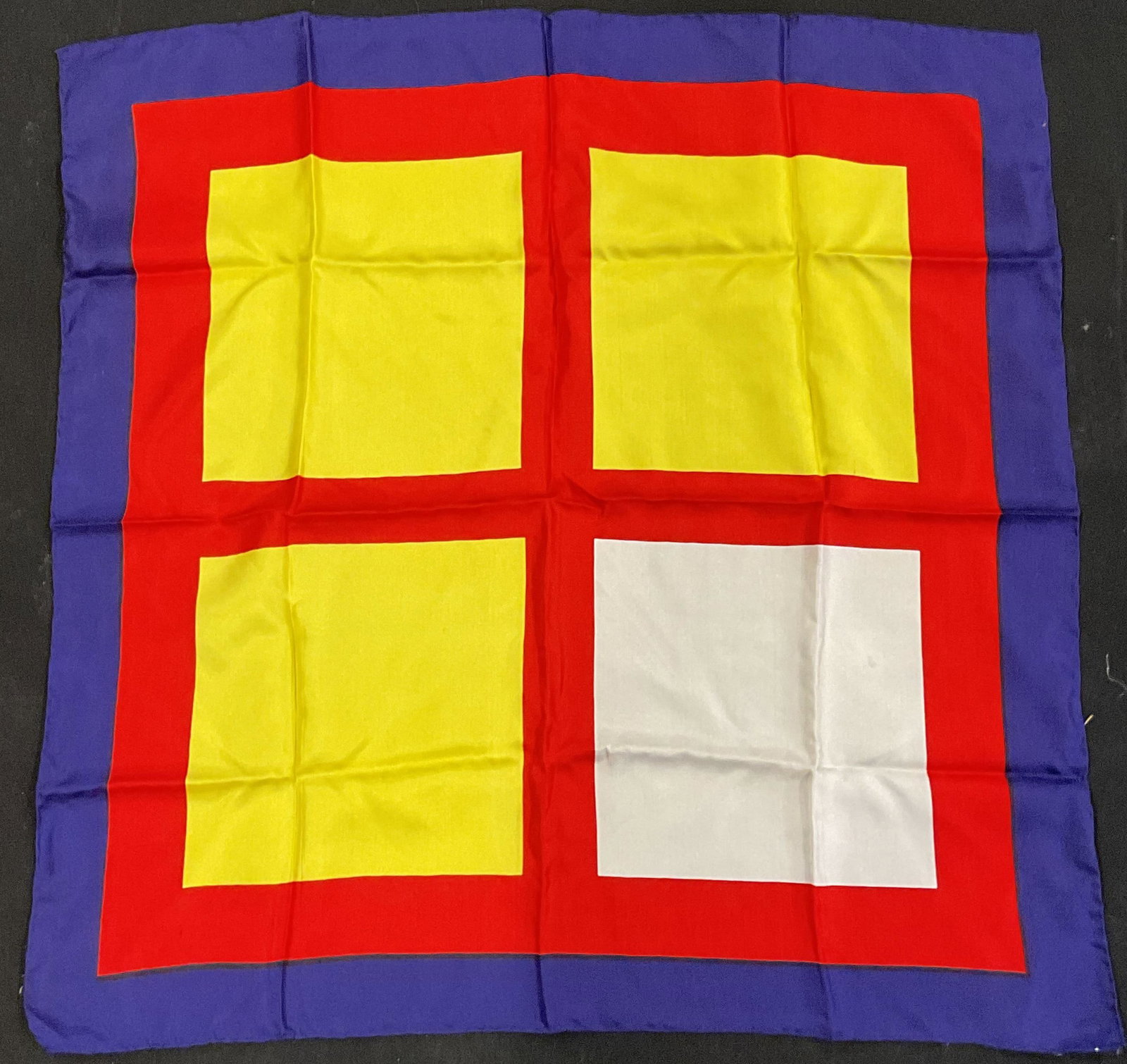 Geometric Red, Blue, Yellow Silk Scarf, Italy: Geometric color block silk scarf in red, blue, yellow, and white. Made in Italy. Measures approx. 25 x 25 inches. Some blemishes. Silk scarf, red scarf, blue scarf, yellow scarf, accessories, fashion 