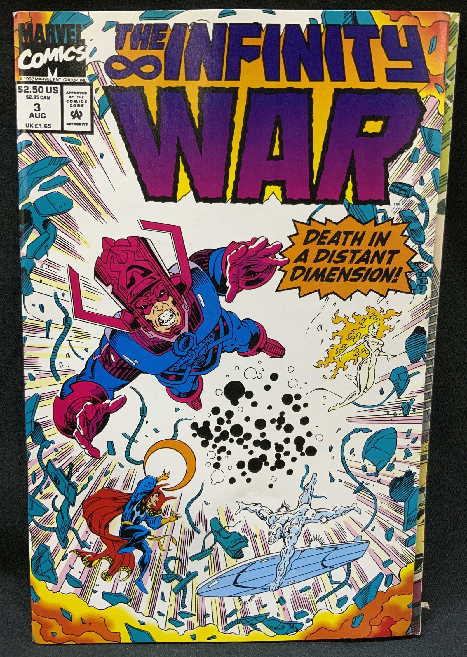 Vtg Marvel The Infinity War Iss.3 Aug1992 Comic Bk: Vintage Marvel The Infinity War, Death in a Distant Dimension! Issue 3. Written by Jim Starlin, interior artwork by Ron Lim and Al Milgrom. Published by Marvel Comics August 1992. Page # Approx.