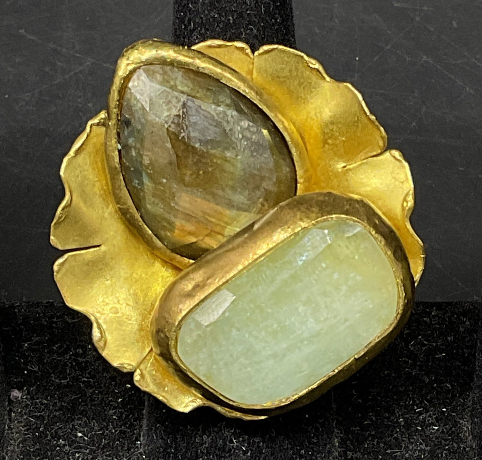 Scalloped Brass Gemstone Statement Ring: Scalloped Brass Statement Ring. Set with large semi-precious gemstones, appears to be amazonite and green quartz. Tested with Presidium Gem Tester II. Corrosion present. Size 8. rings, brass,