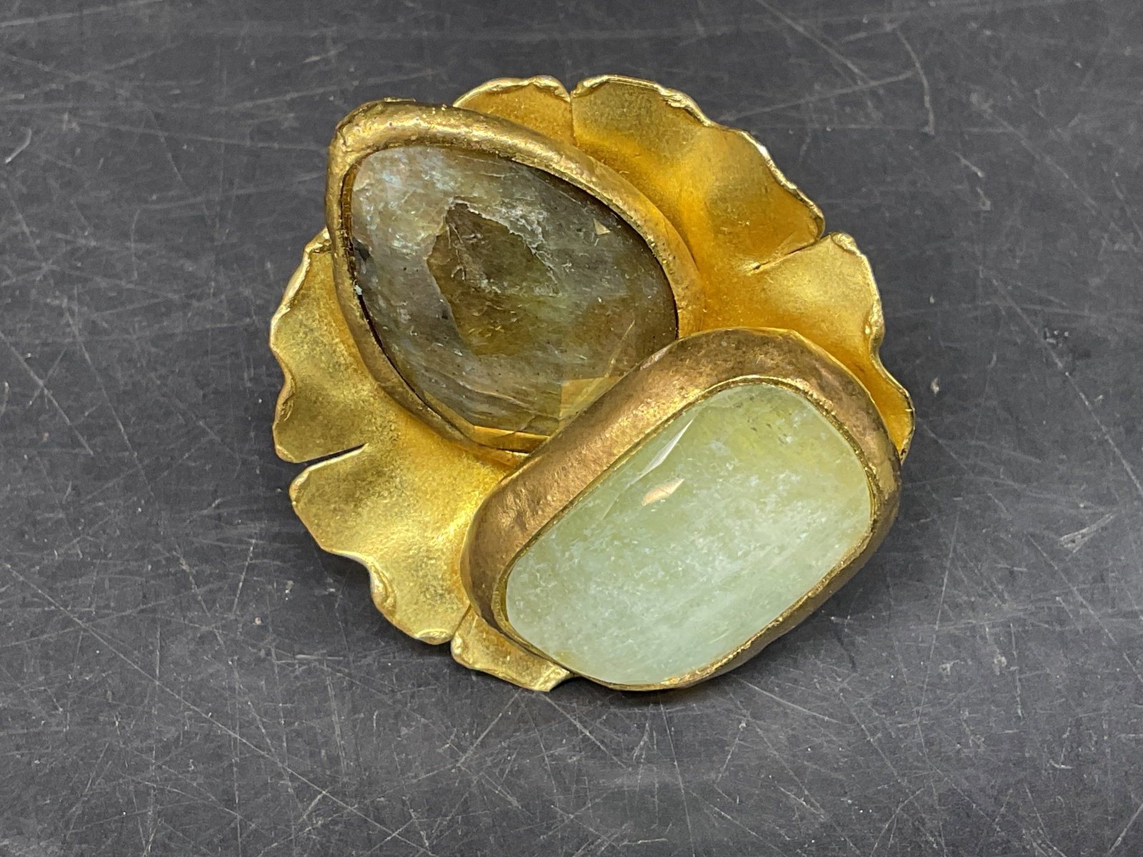 Scalloped Brass Gemstone Statement Ring - 4