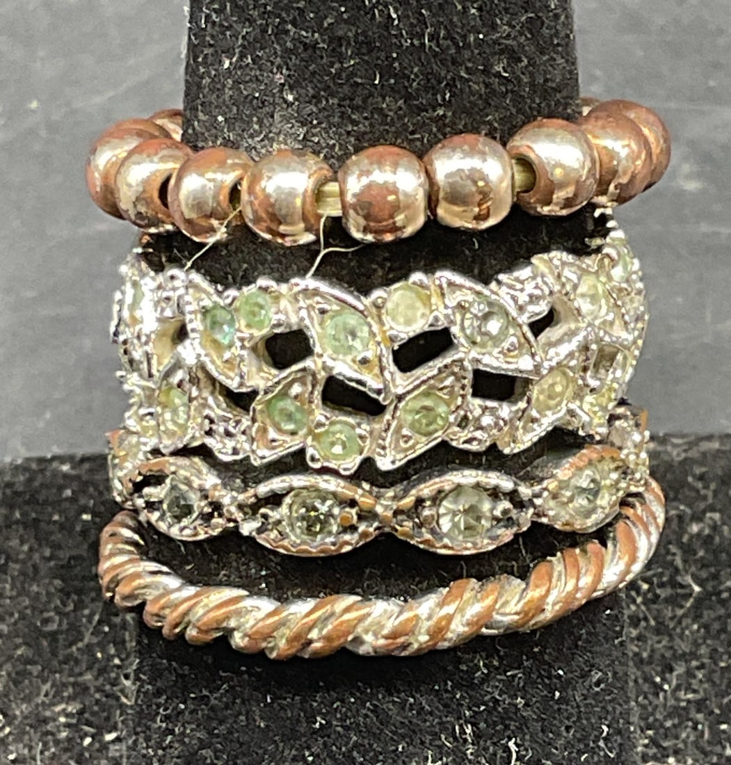 Lot 4 Vintage Silver Tone Crystal Rings +: Lot of 4 Vintage silver tone rings. 2 rings with crystal accents. 1 twisted cable band. 1 beaded stretch band. Largest size 8.5. Loss to finishes. Some scratching. Jewelry, estate jewelry, costume