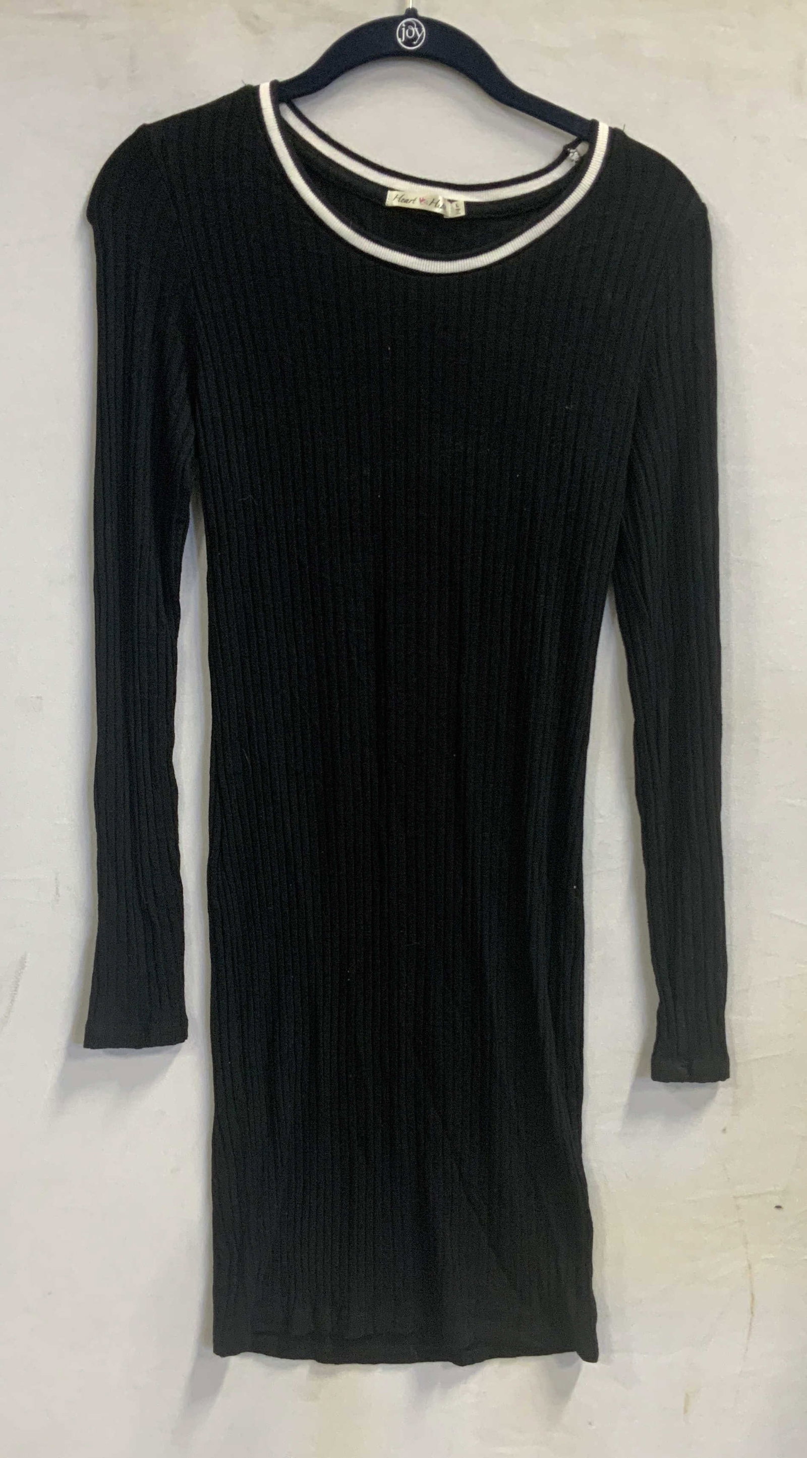 HEART&HIPS ribbed knit bodycon mini dress.: HEART&HIPS ribbed knit bodycon mini dress. Made of a rayon spandex blend in size large. Constructed from a soft black ribbed fabric with a contrasting crew neck ringer trim. Giving it a sporty and
