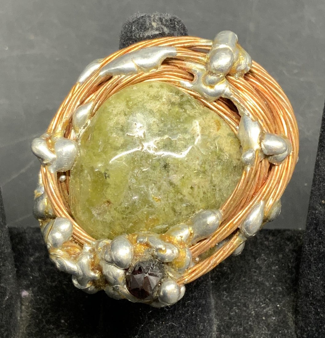 Lg Artisan Stone Copper Silver Statement Ring: Vintage hand crafted Artisan Statement Ring featuring a polished green center stone cabochon nestled within a dense wrap of copper wire and molten silver droplets, estate and vintage jewelry,