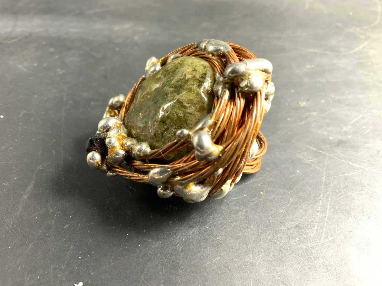 Lg Artisan Stone Copper Silver Statement Ring - 2