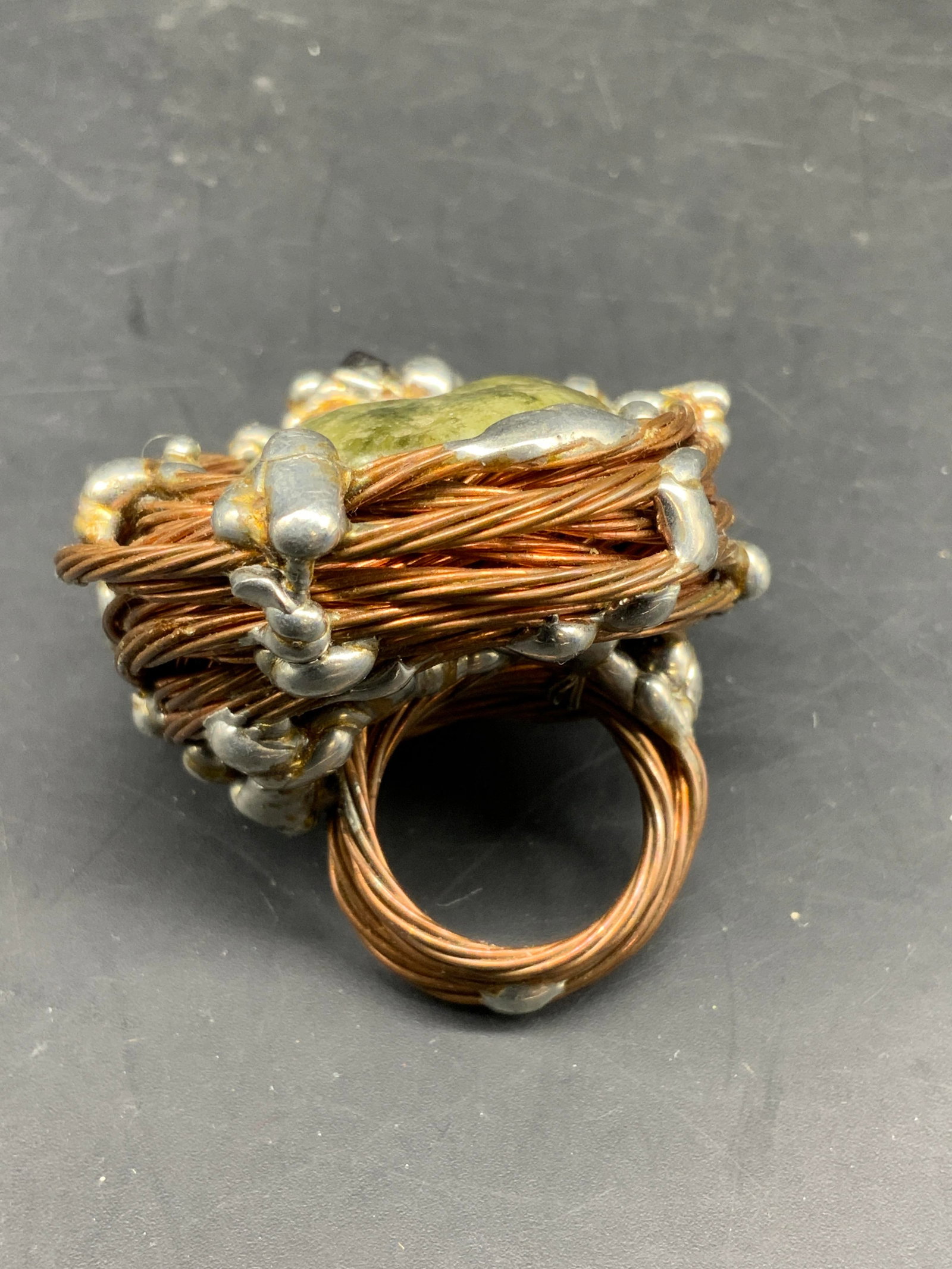 Lg Artisan Stone Copper Silver Statement Ring - 4