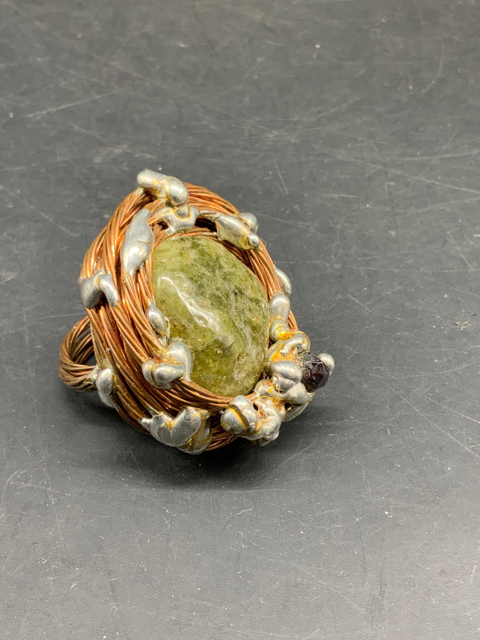 Lg Artisan Stone Copper Silver Statement Ring - 6