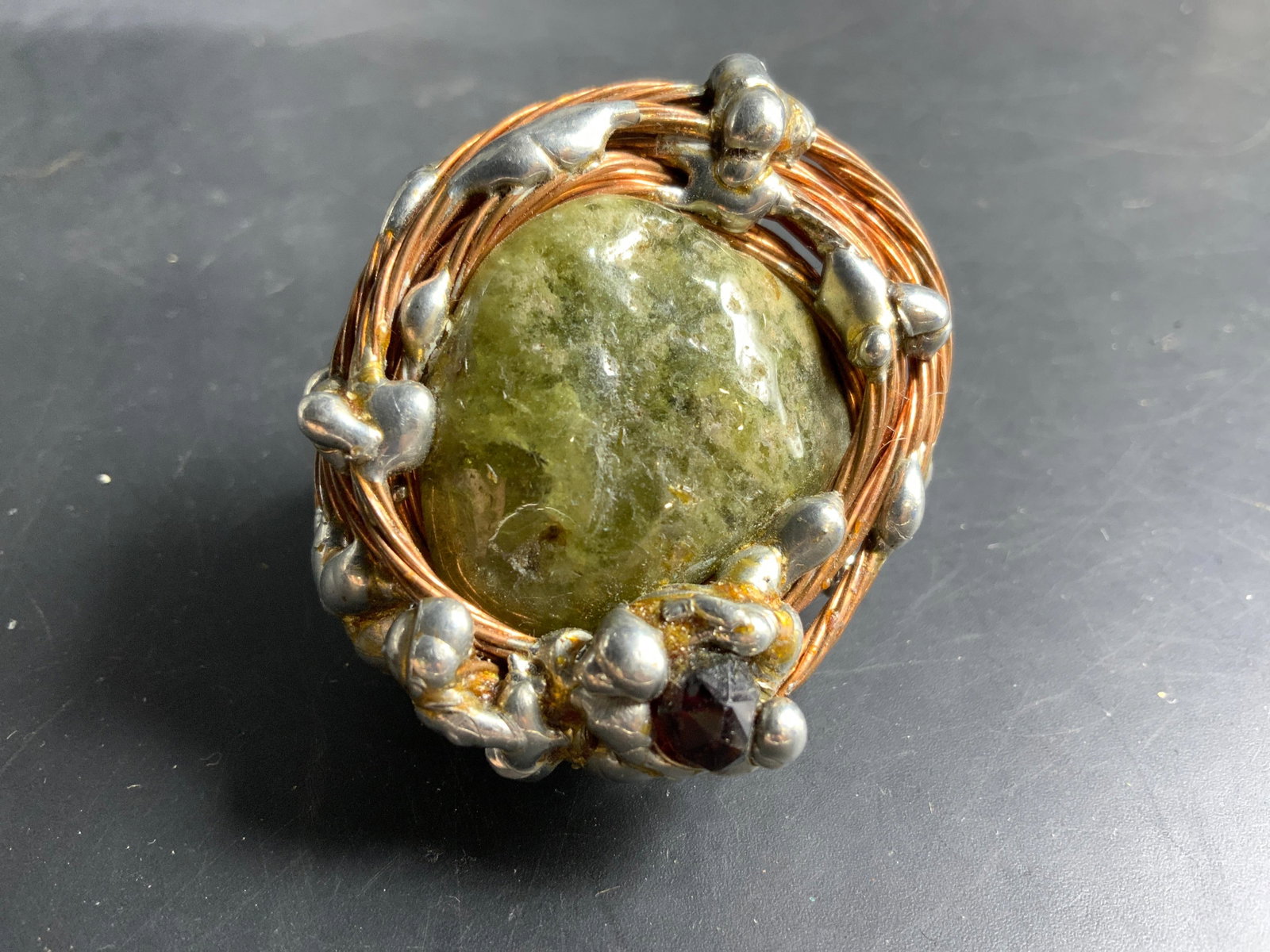 Lg Artisan Stone Copper Silver Statement Ring - 7