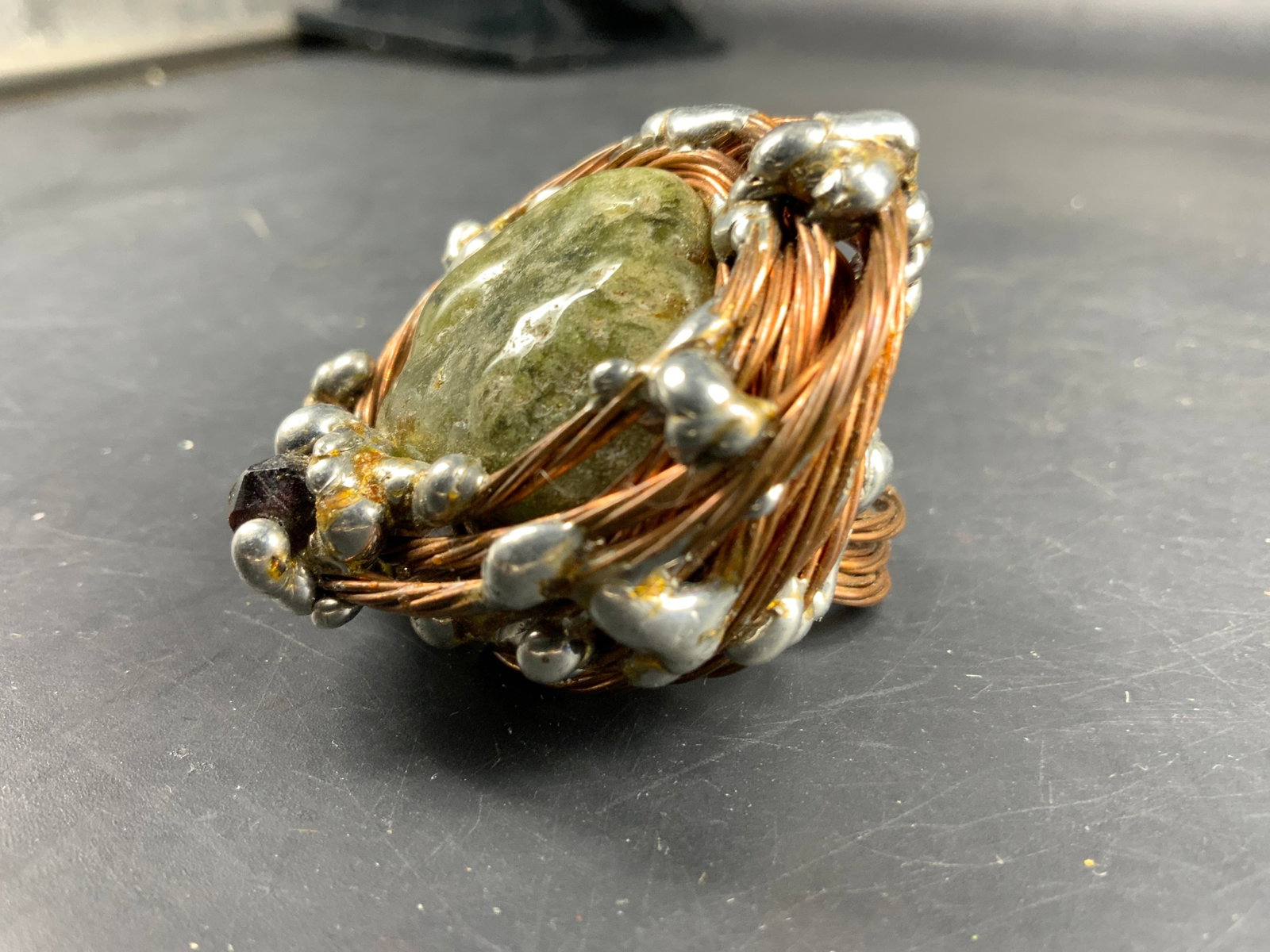 Lg Artisan Stone Copper Silver Statement Ring - 8