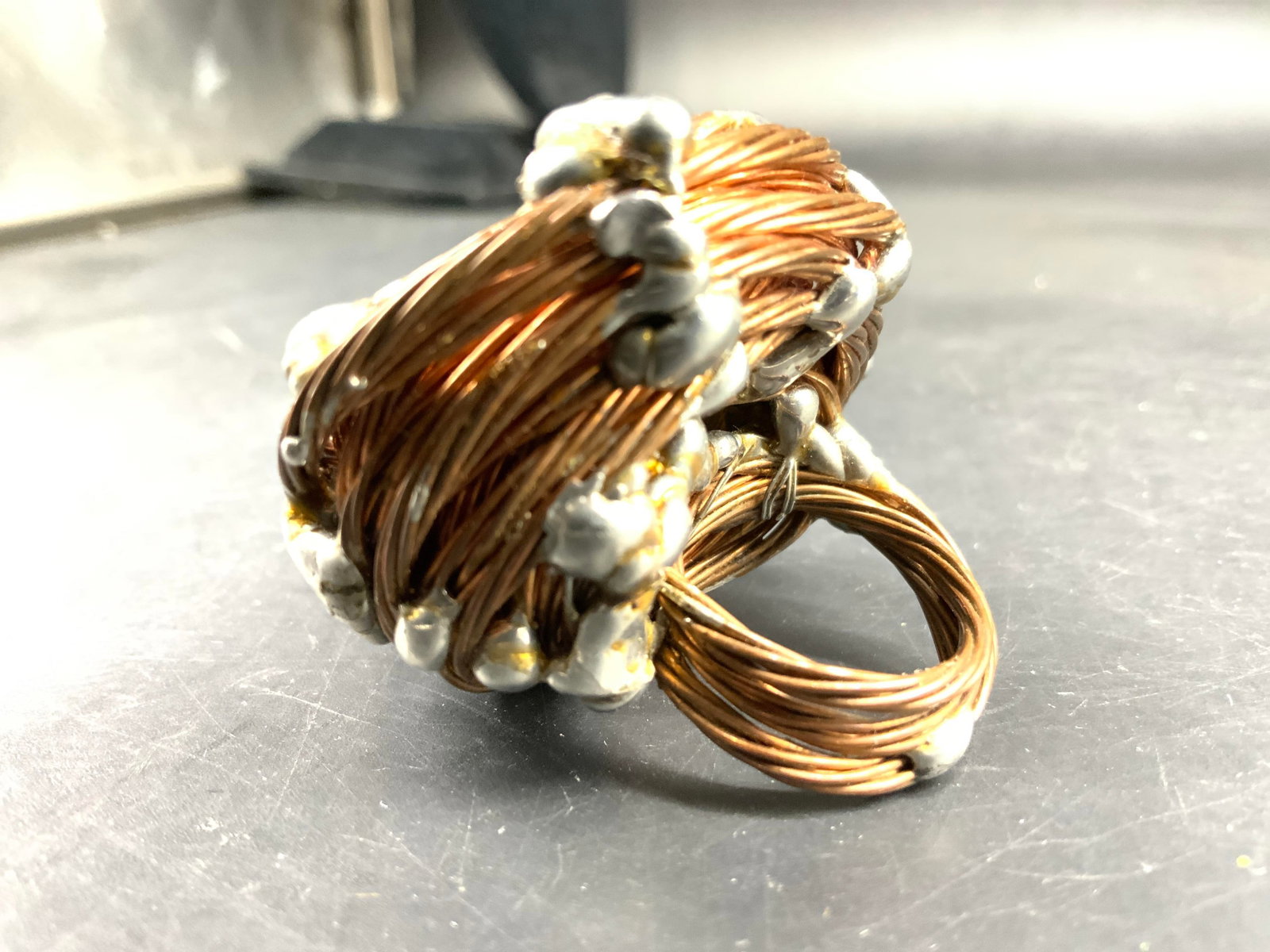 Lg Artisan Stone Copper Silver Statement Ring - 9