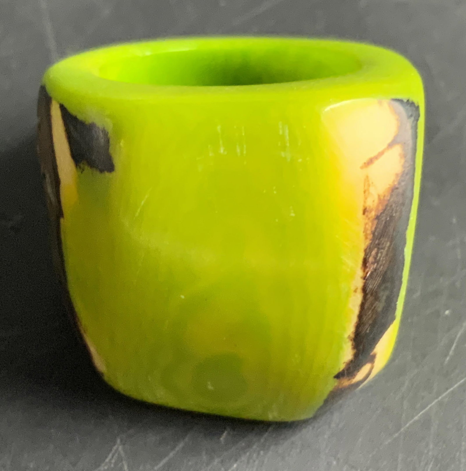 Lime Green Statement carved Ring: Vintage line green statement ring, artisan made and possibly carved from a TARGUS nut, smooth and cold to touch, bright green with organic brown striping, top measures approx 1 inches, -j
