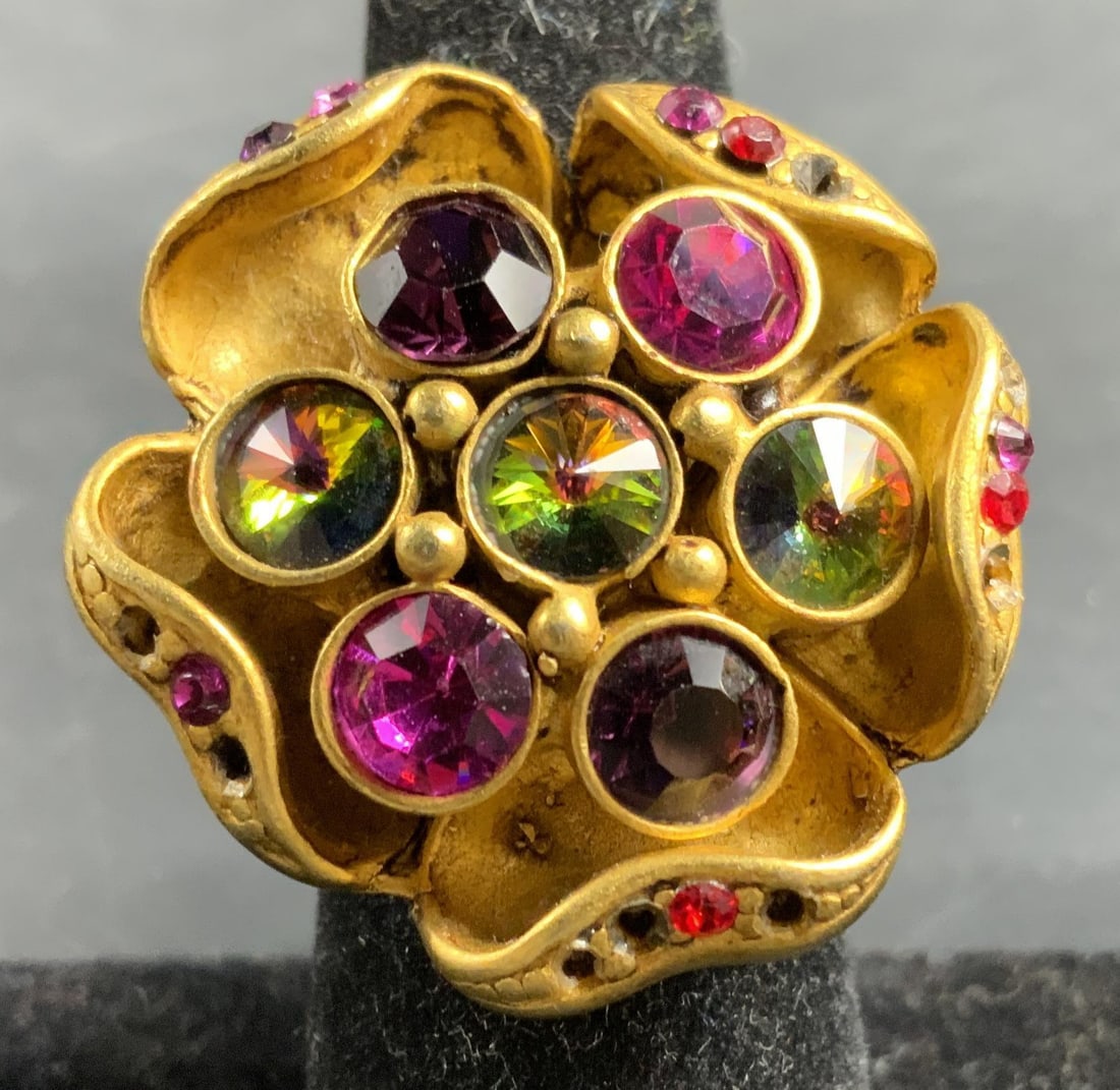 Gold Tone Floral Rhinestone Statement ring: Vintage gold tone floral statement ring features heavily textured antique gold toned form floral setting with sculpted and layered flower petals, intricately set with a cluster of vibrant multi colore