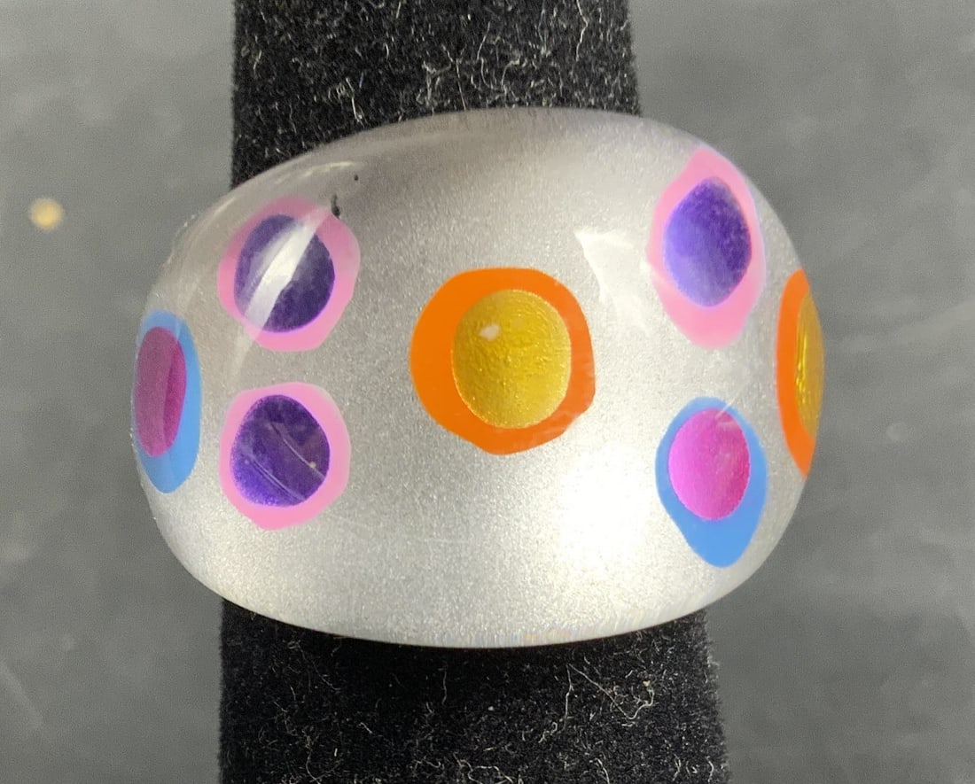 Chunky Lucite Polka Dot Statement Ring: Vintage estate jewelry, chunky lucite ring decorated with colorful embedded polka dots or confetti inclusions , pop art resin ring, width of top app .75 inches -j