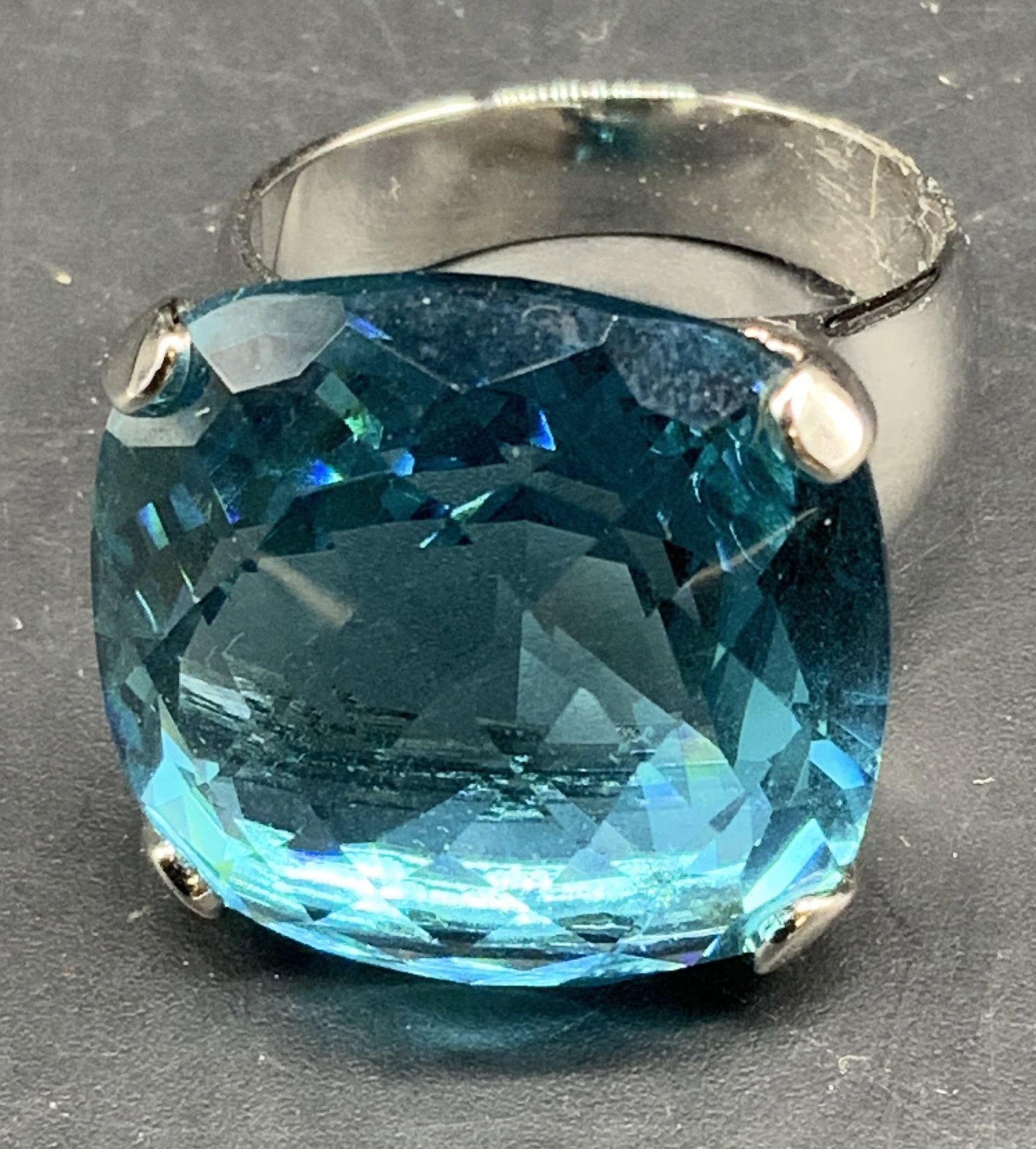 Swarovski blue Crystal Statement Ring: Large square blue cut faceted crystal cocktail ring, statement ring and silver toned band, crystal measures app .75 inches square, vintage estate jewelry -j