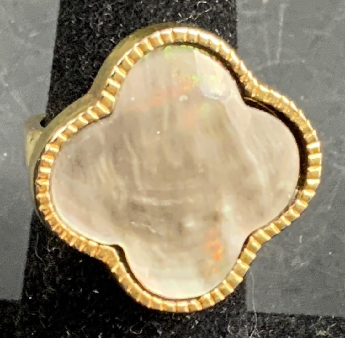 Gold Tone mother-of-pearl Alhambra Ring: Statement ring Gold tone setting and wide band Alhambra Mother of Pearl Center in four leaf clover design beaded gold tone border, clover measures 1 inch -j