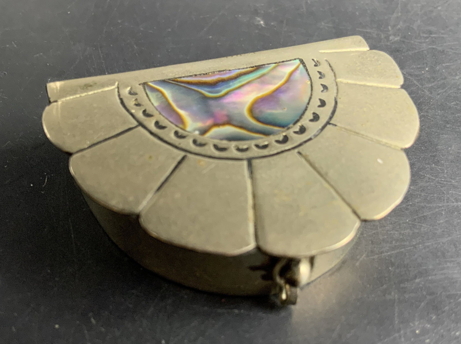 Vntg Mexican Silver Fan Shaped Vintage pill box: Vintage stamped Mexico underside, fan shaped vintage pillows, florals, jacquard, accent pillow, couch decor, living room decor box featuring abalone shell inlay, Mexican silver vintage pillows, floral