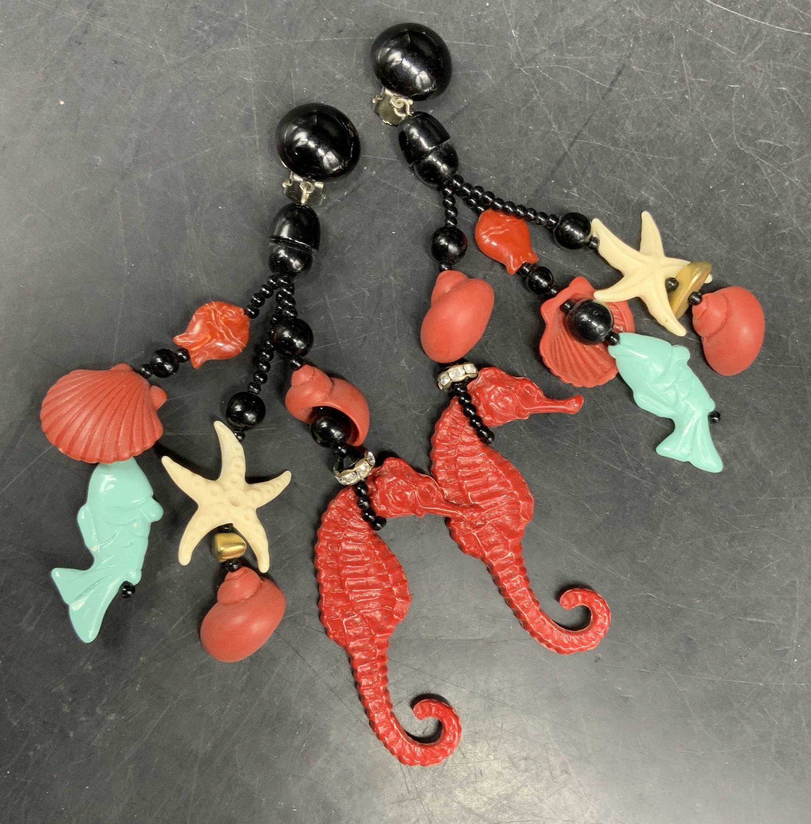 Sea themed Statement Dangling Earrings, italy: Sea themed statement earrings attributed to Italian Costume Jewelry designer Angela Capetian, hand crafted in Florence Italy, these distinctive lightweight pieces are constructed from high quality