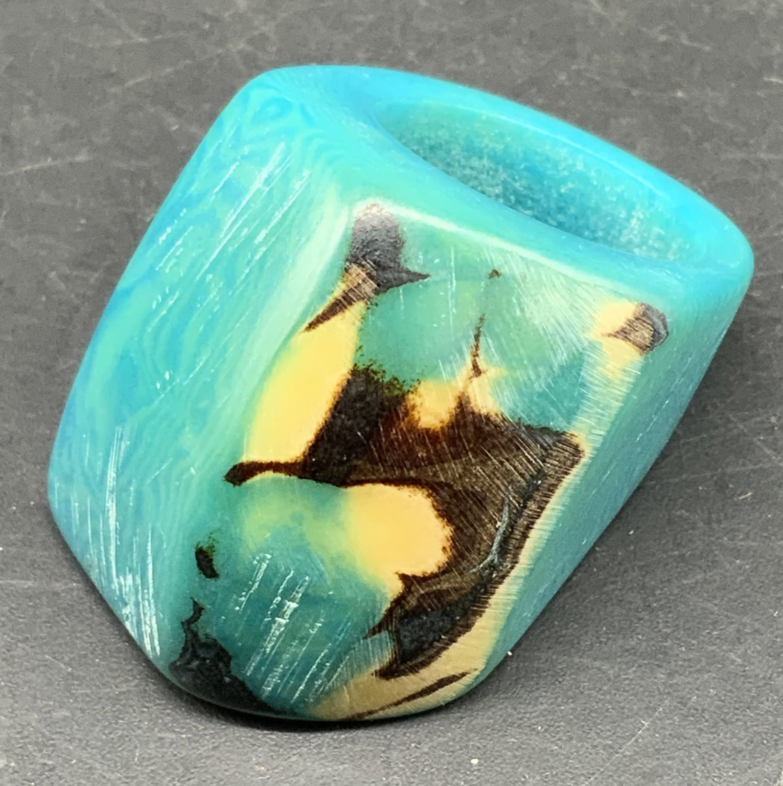 Chunky Turquoise Tnd Statement Ring: Chunky asymmetrical statement ring crafted possibly from a natural Tagus Nut, vibrant turquoise tone, with natural wood grain contrast, top measures app 1 inch square, vintage jewelry, estate