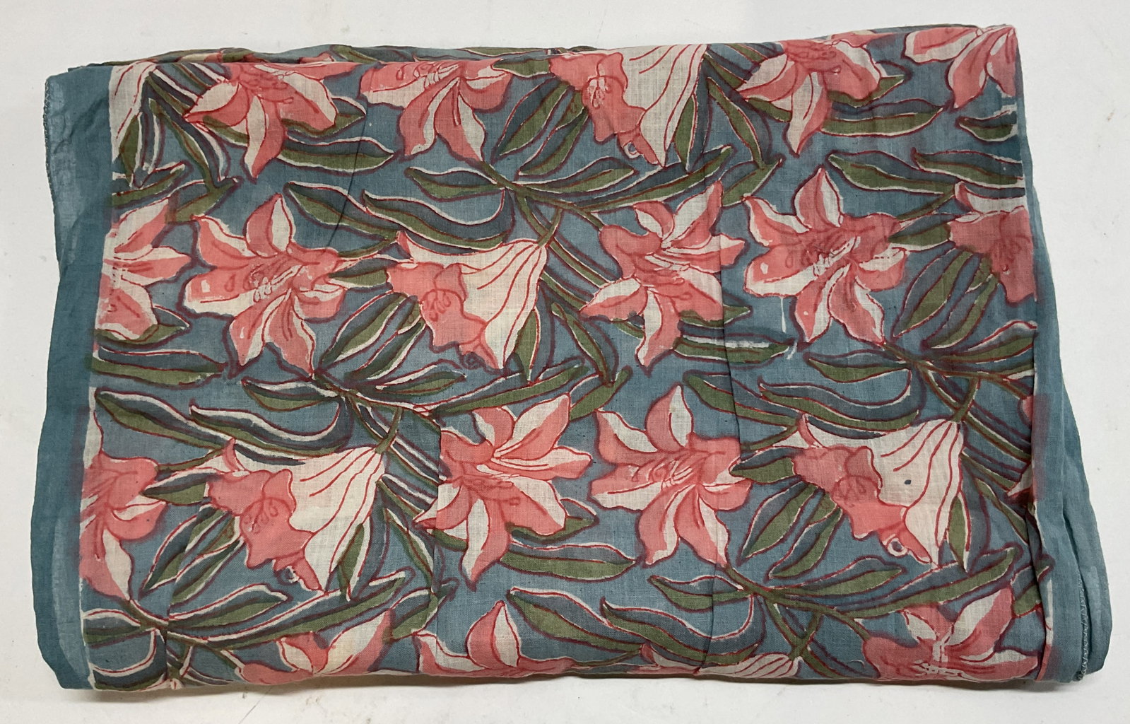 Vintage Blue Floral Scarf: Vintage blue floral scarf. Main blue background with pink, green, and white floral motifs. Green borders. Measures approx 13 x 75 inches. Blemishes. Scarf, clothing, outerwear, fashion, accessories, w