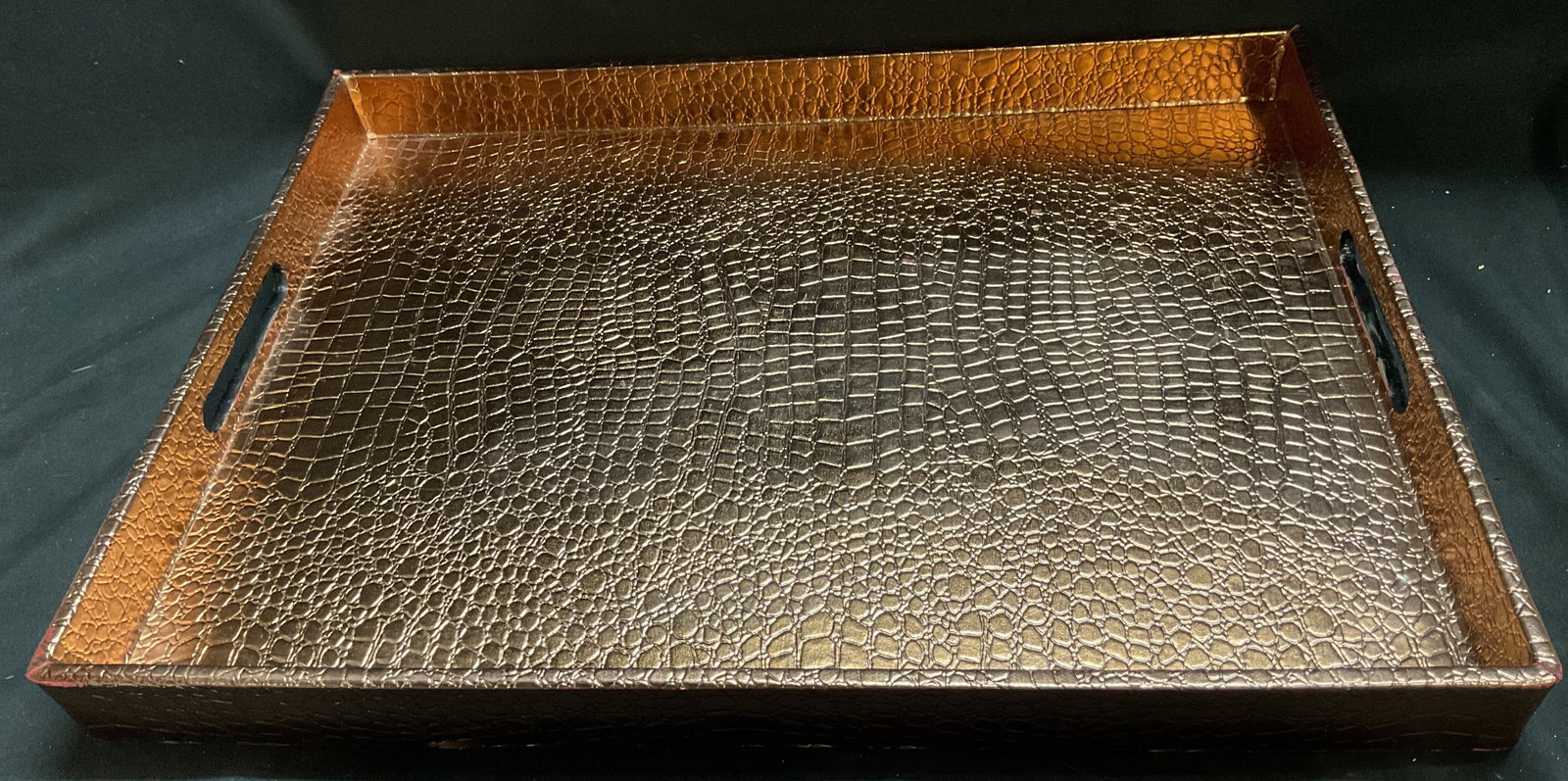 American Atelier Metallic Crocodile Sty Organizer: American Atelier AT HOME Metallic Copper-Toned Crocodile Scale Pattern Over Wood Organizer Tray. Some peeling. Measures app 2in H x 19in L. American Atelier, metallic, copper-toned, crocodile scale