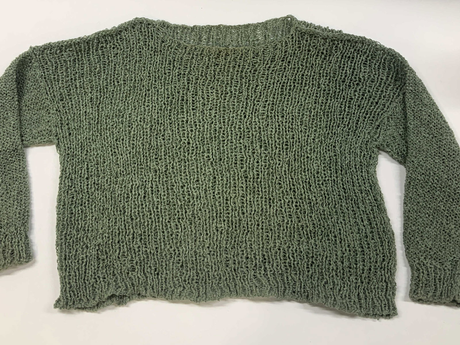 Vntg open knit sage green cropped sweater: Vintage open knit sage green cropped sweater. Utilizes an open stitch which creates a see through breathable mesh effect, perfect for seasonal layering. It features dropped shoulders, a crew neckline,