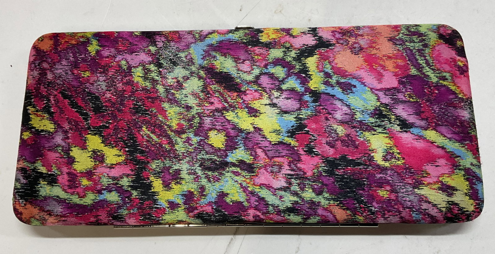 Vtg Abstract Multicolor Rectangular Wallet Clutch: Vintage abstract multicolor rectangular wallet clutch. Rectangular shape. Abstract pattern in varying colors, pink green yellow purple etc. Push closure. Various interior compartments. Measures approx