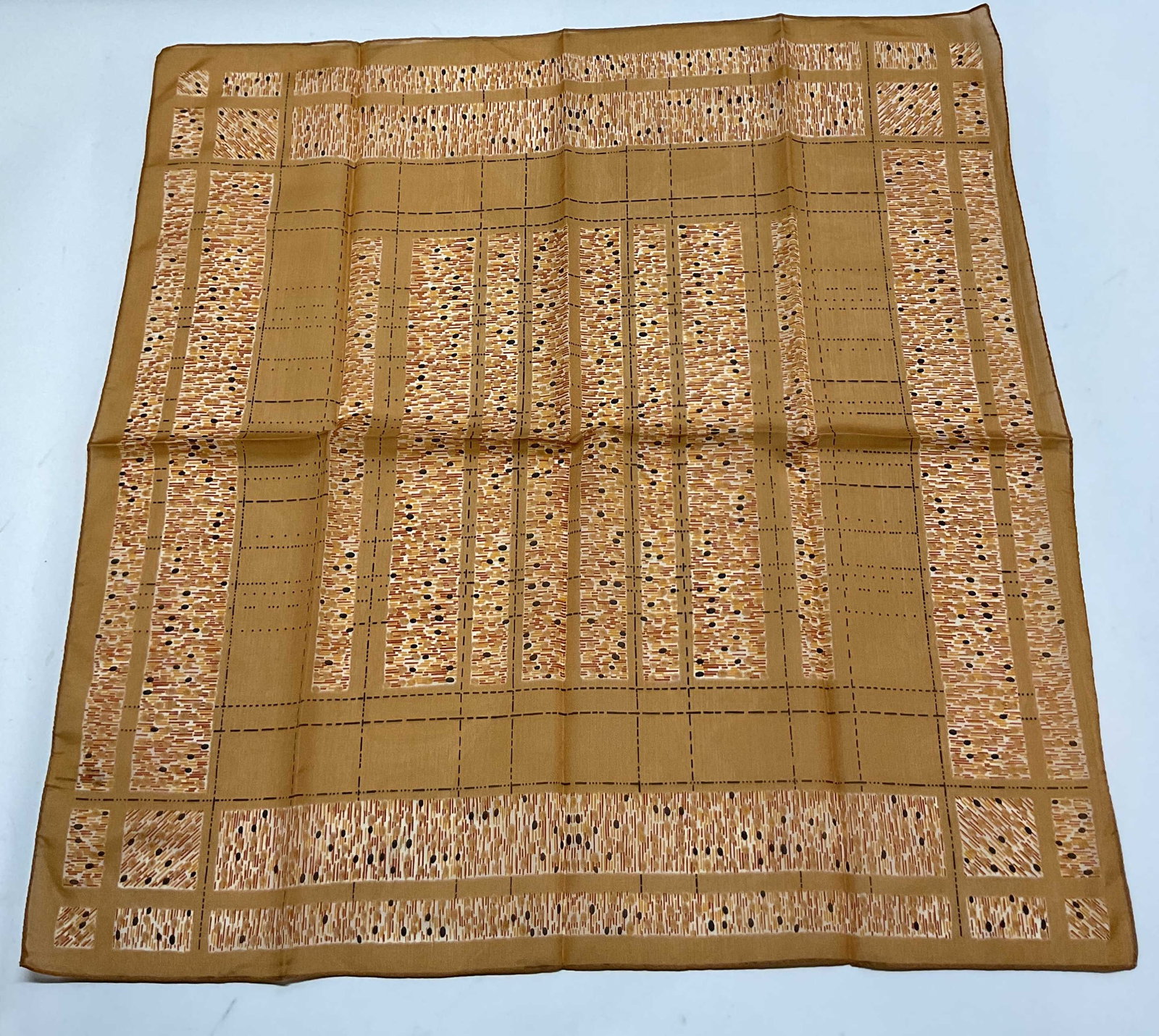 Vintage Sheer Orange Abstract Scarf Italy: Vintage sheer orange abstract scarf. Made in Italy. Orange and black design. Abstract geometric pattern. Measures approx 22.5 x 22.5 inches. Wear consistent with exposure. Scarf, wearables, clothing, 