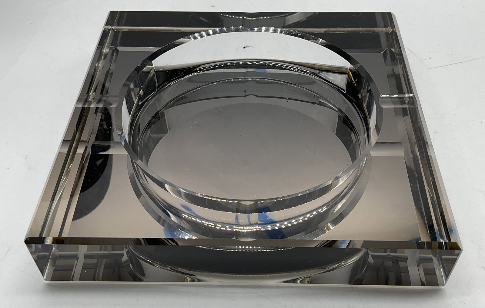 Square Heavy Crystal Ashtray: Square Heavy Crystal Ashtray. Cigarette holder indents. Some scratching. Measures app 1in H x 5.75in L. heavy crystal, clear crystal, ashtray, catchall dish, cigarettes, smoking accessories 8 CS