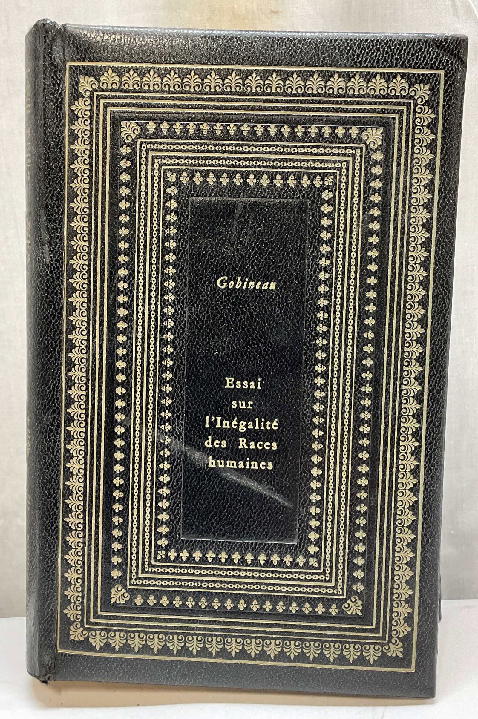 1967 Linegalite Des Races Humaines Book Gobineau+: Essai Sur Linegalite Des Races Humaines by Arthur De Gobineau. Published by Pierre Belfond, 1967. Hard cover black leather bound with gilt embossed trim. Text reads in French. Measures approx 6 x 9