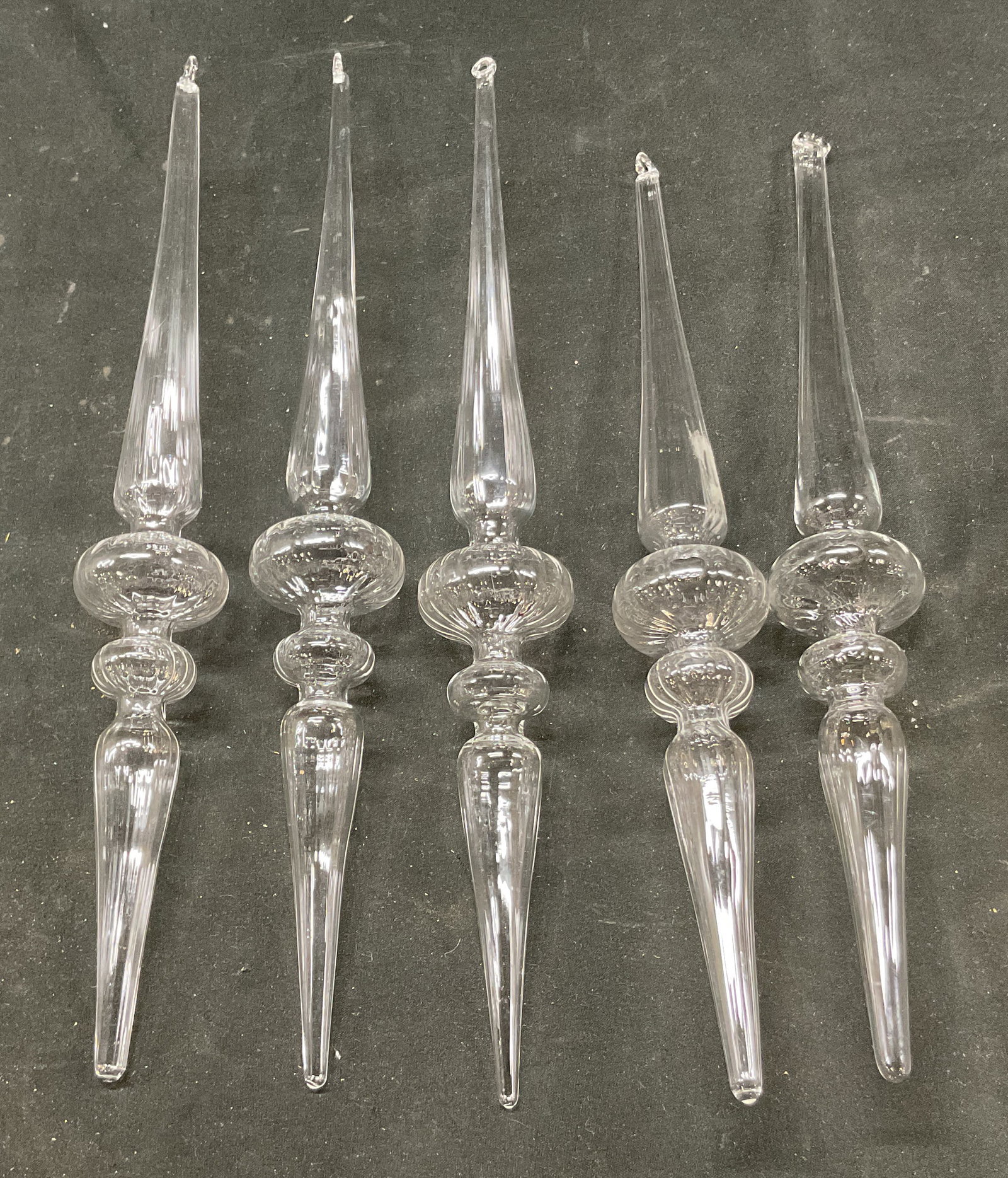 Set 5 Vintage Hand Blown Art Glass Ornaments: Set of 5 vintage hand blown clear art glass ornaments. Ribbed surface. Stacked bulb shape. Measures approx 12 inches in diameter. Some scratching. Ornaments, icicles, decor, art glass, home decor,