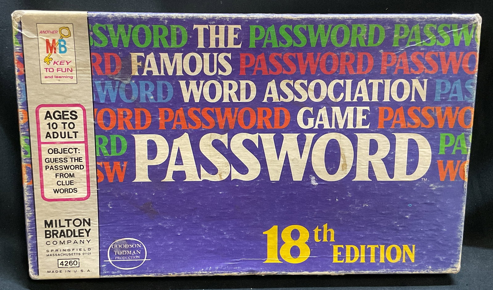 Vtg 62 Milton Bradley Password Board Game: Vintage 1962 Milton Bradley Password Board Game. 18th Edition. Based on popular television game show. Wear to box, aging to cards, and some writing on papers. Pieces not individually inspected or coun