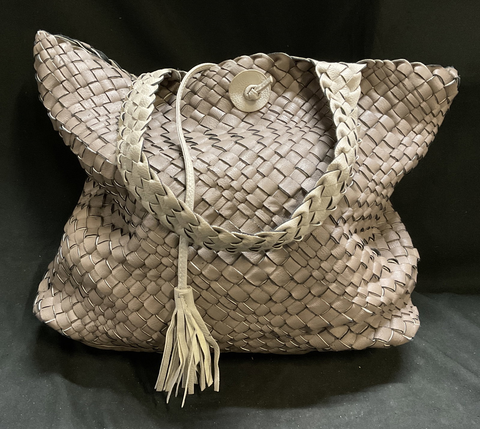 Brown & Grey Woven Leather-Style Tote Bag (1 of 6)