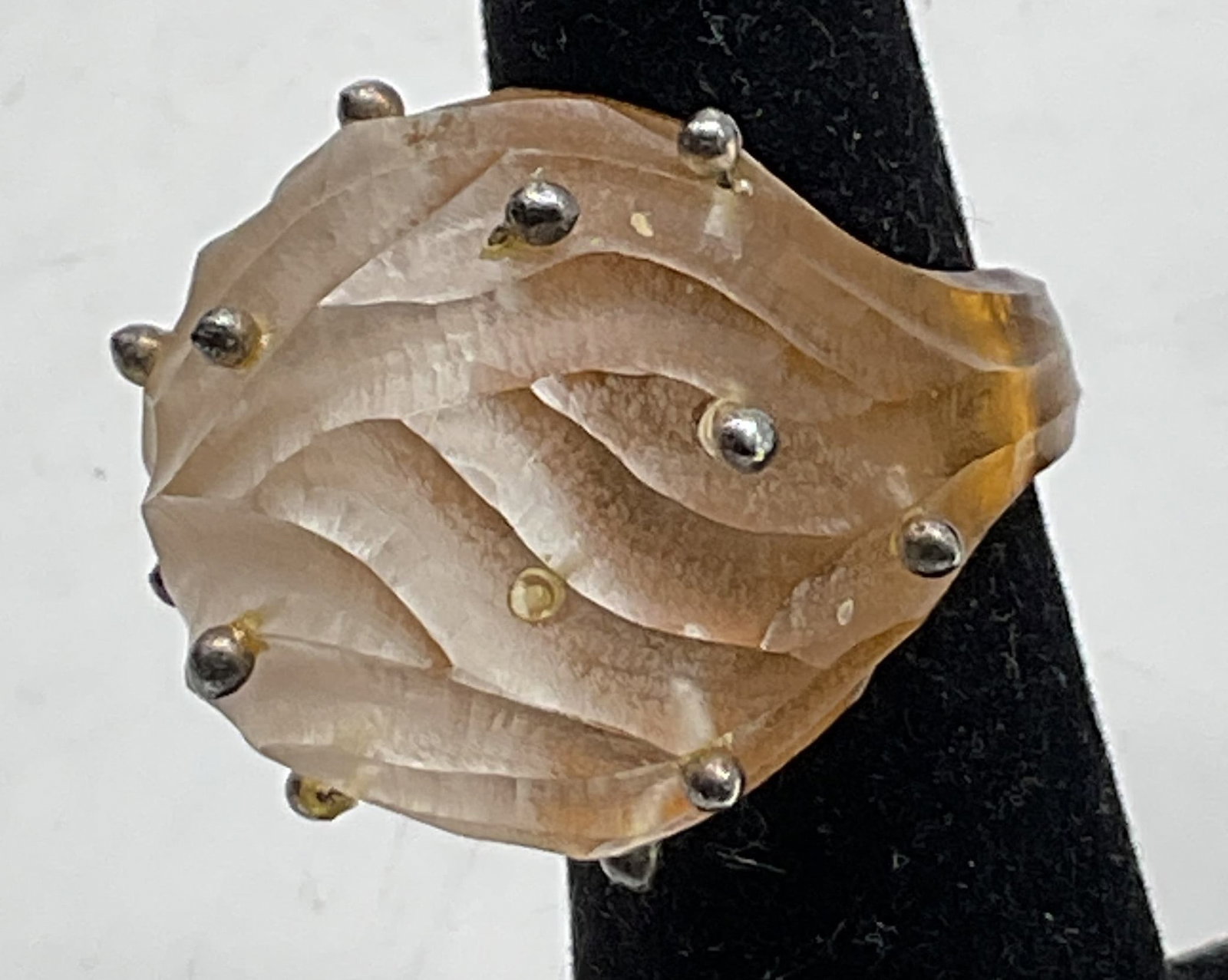 Vtg Attrb Habig Unique Style Gold Tnd Ring Austria: Vintage unique composite gold toned ring. Attributed to Elisabeth Habig, Vienna Austria. Carved textured surface with silver toned accents. Clear and gold toned. Measures approx size 5.5. Scratching,