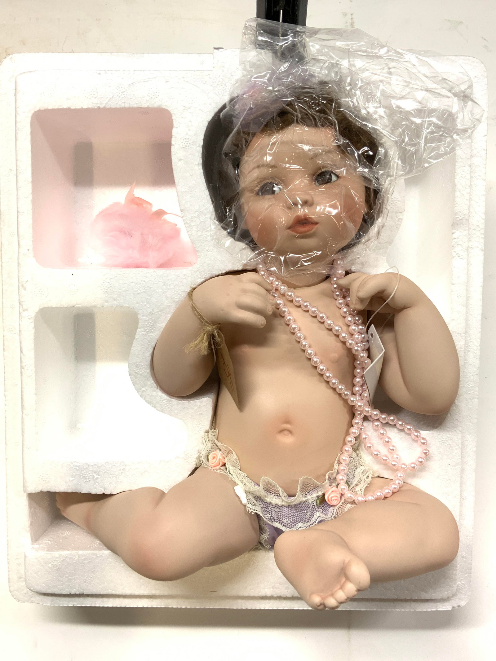 VTG 1995 Ashton-Drake Galleries Porcelain Doll: The Ashton-Drake Galleries Pretty As A Picture All porcelain doll , 1995, 12in H, designed by doll artist Titus Tomescu, includes pink powder puff, mothers pearls, missing cream wood mirror with